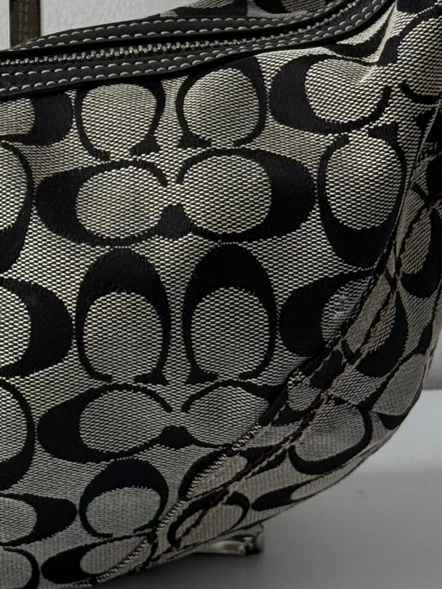 Vintage Coach Signature Hobo Bag Grey Black Canvas Leather Shoulder Bag 00s Y2K
