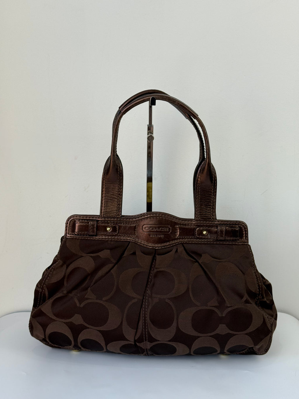 Vintage Coach Satin Pleeted TurnLock  Satchel Bag Brown Signature Coach Handbag 00s Y2K