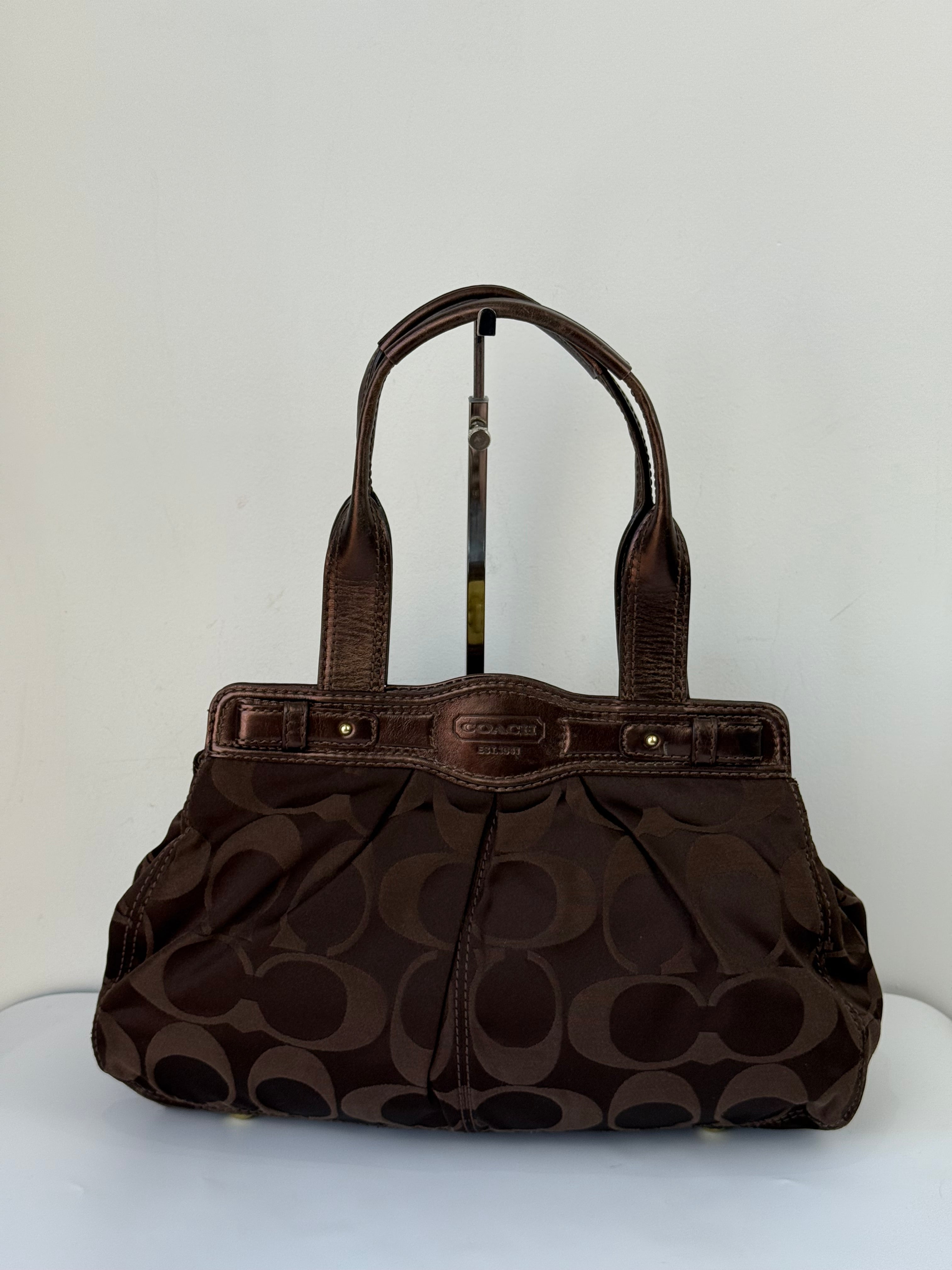 Vintage Coach Satin Pleeted TurnLock  Satchel Bag Brown Signature Coach Handbag 00s Y2K