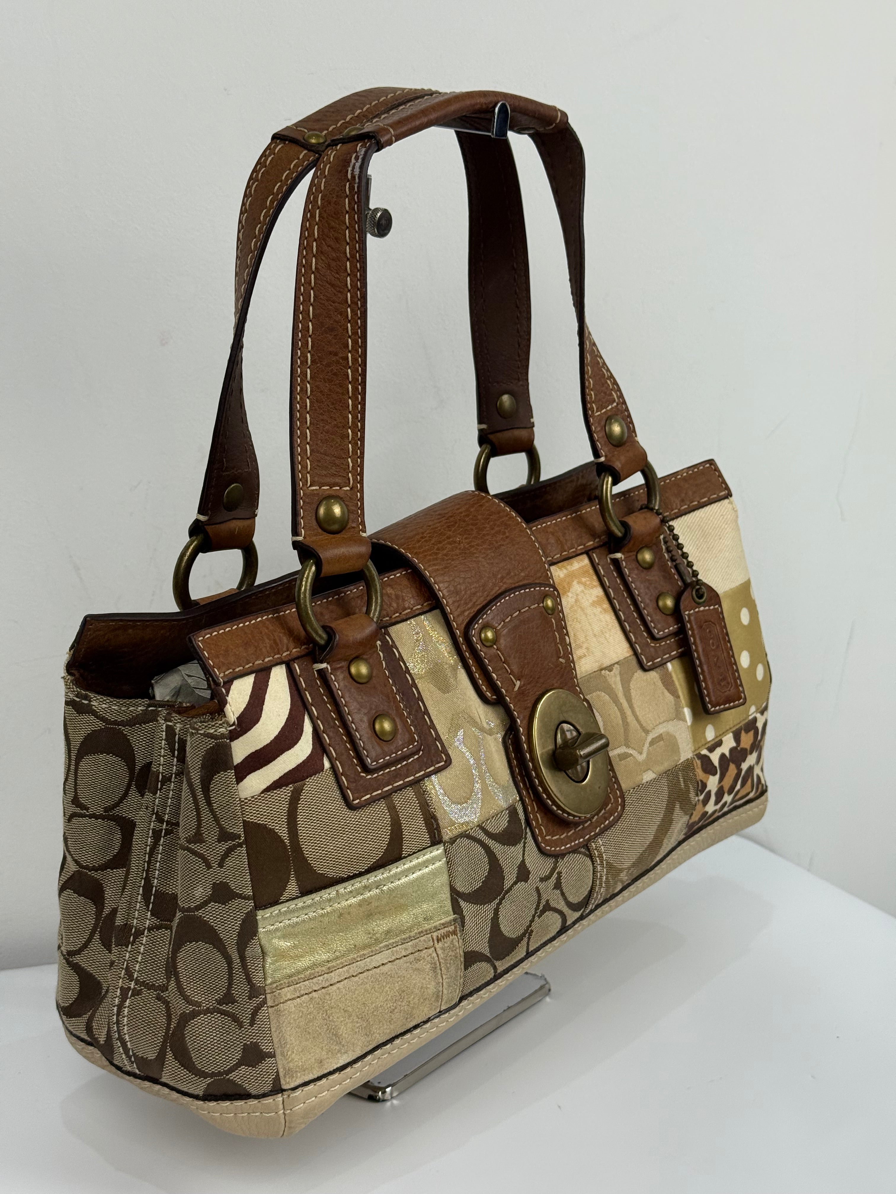 Vintage Coach Brown/Beige Patchwork TurnLock Handbag Coach Y2K Leather Bag