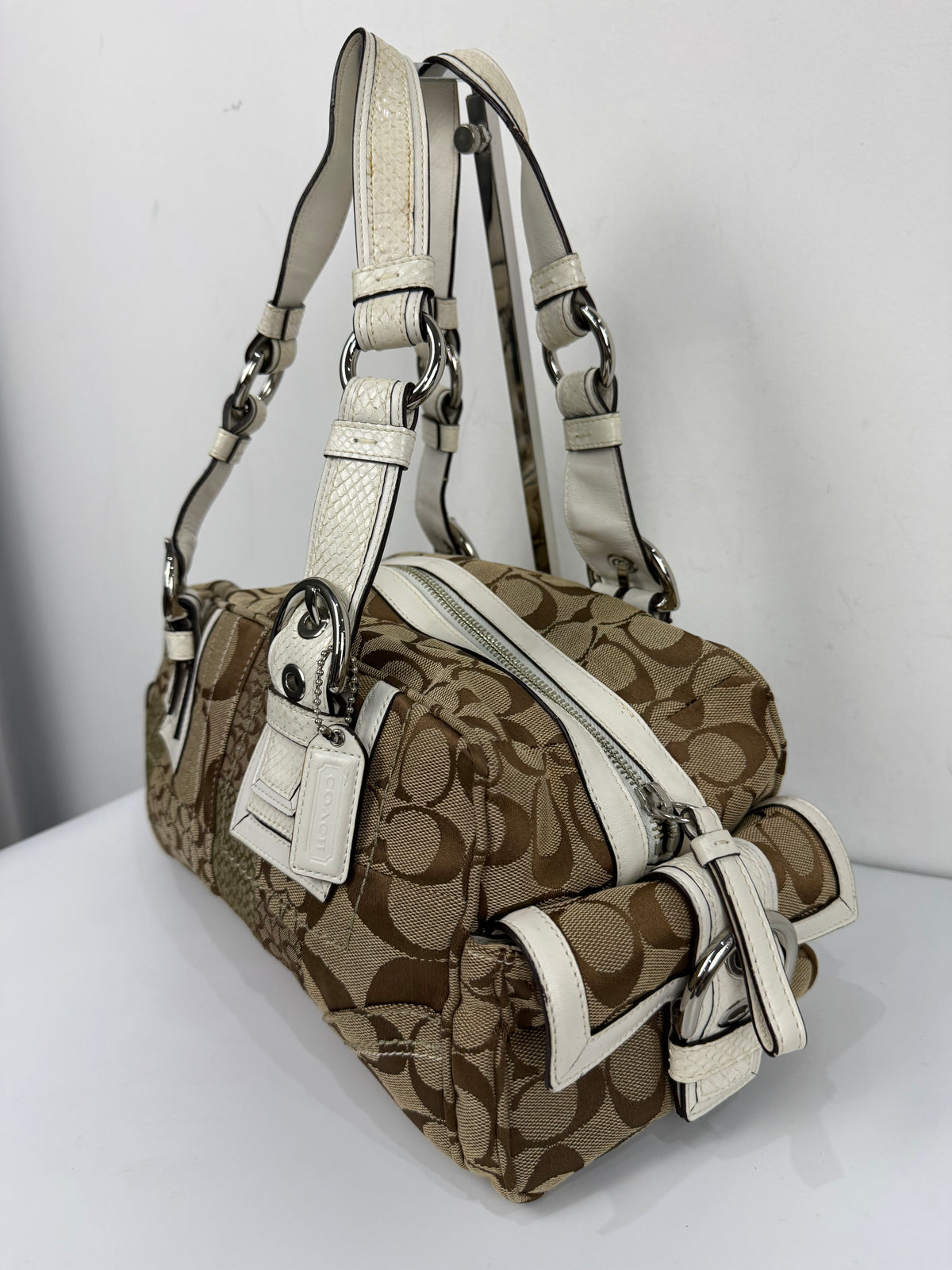 Vintage Coach Brown Patchwork Boston Satchel Soho Mia Signature Shoulder Bag 00s Y2K