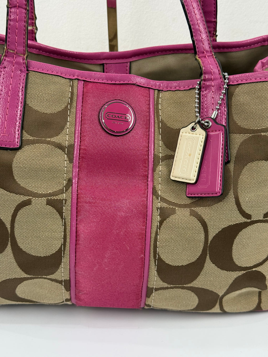 Vintage Coach Signature Stripe Carryall Tote Bag Beige Brown Coach Canvas with Pink Leather HandBag 00s Y2K