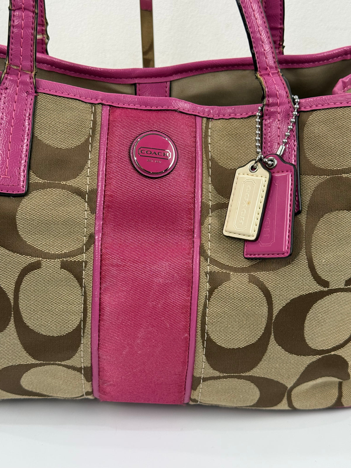 Vintage Coach Signature Stripe Carryall Tote Bag Beige Brown Coach Canvas with Pink Leather HandBag 00s Y2K