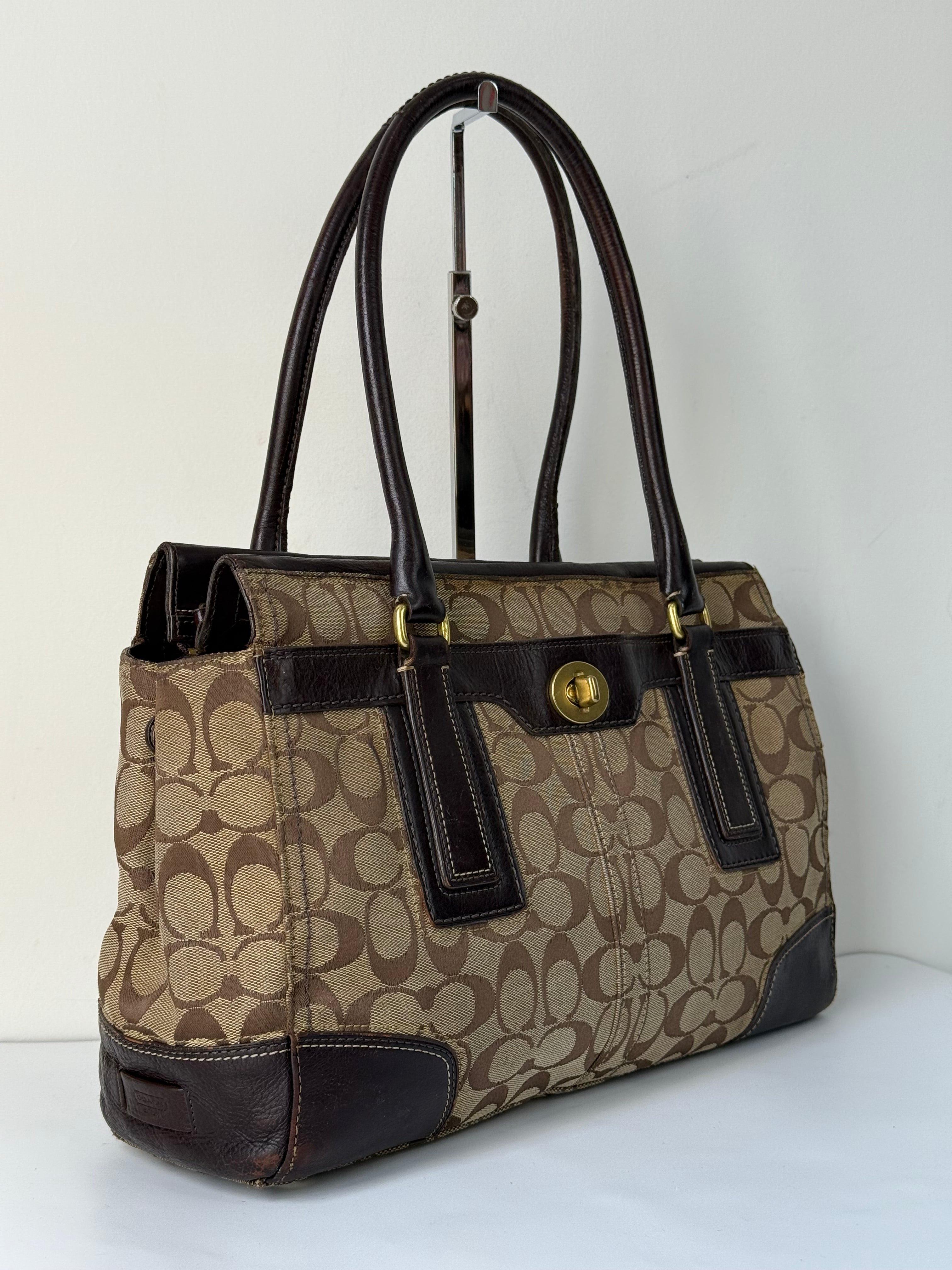 Vintage Coach Hampton Tote Bag Brown & Beige Signature Shoulder Bag 00s Y2K Handbag