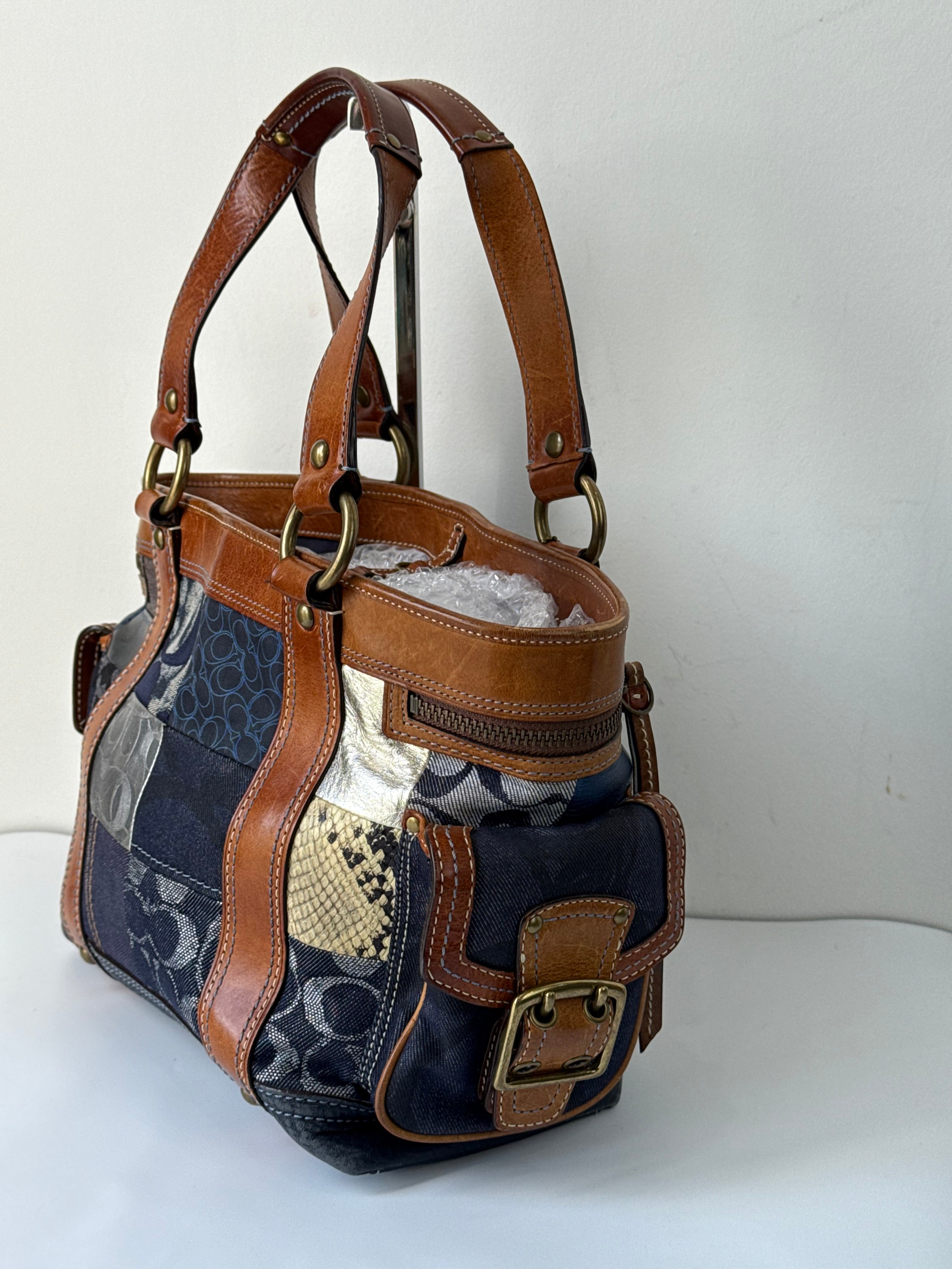 Vintage Coach Blue Denim Patchwork Tote Bag Coach Signature Leather Handbag 00s Y2K
