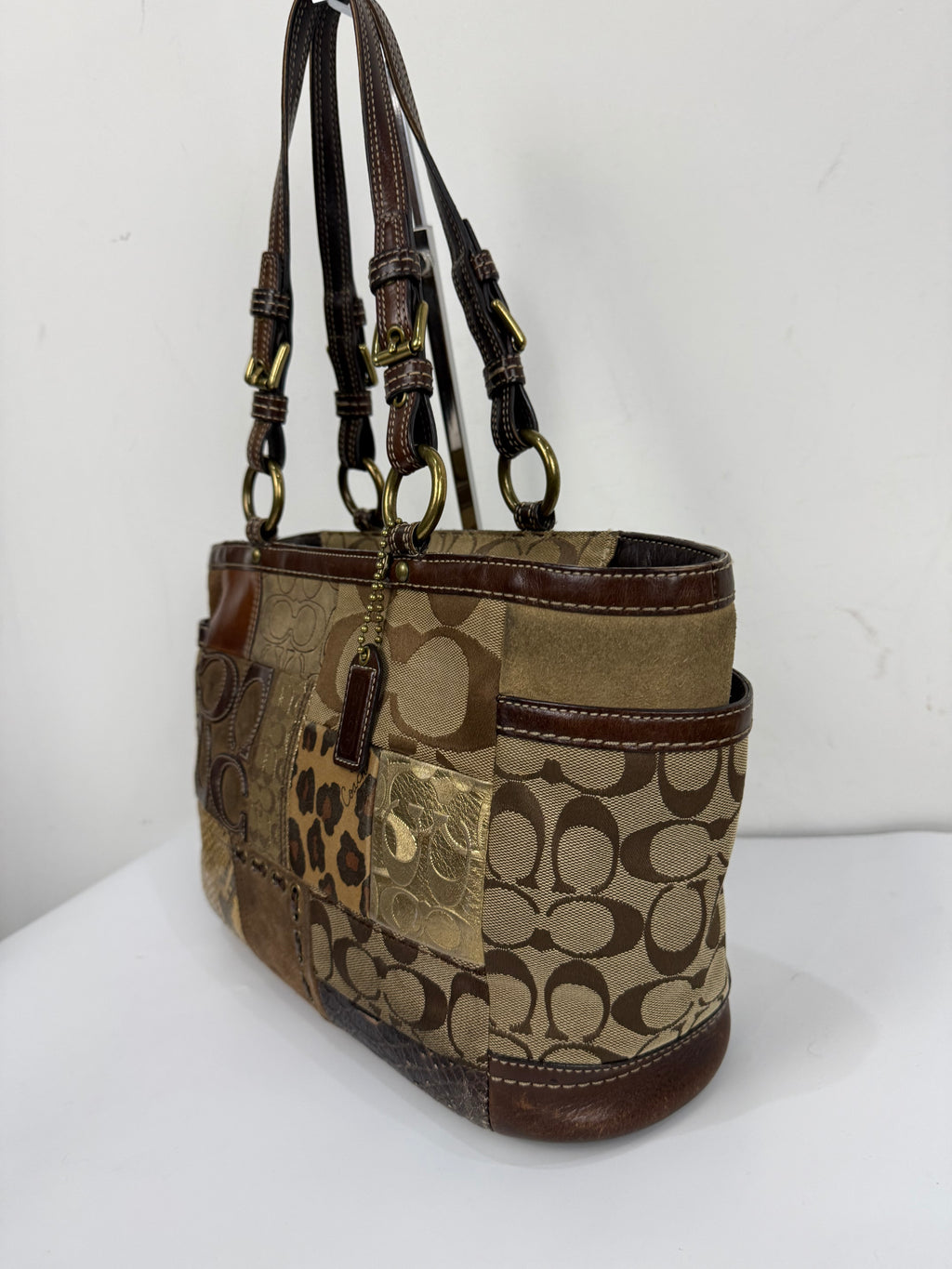 Vintage Coach Patchwork Shoulder Bag Brown Signature Canvas Handbag 00s Y2K