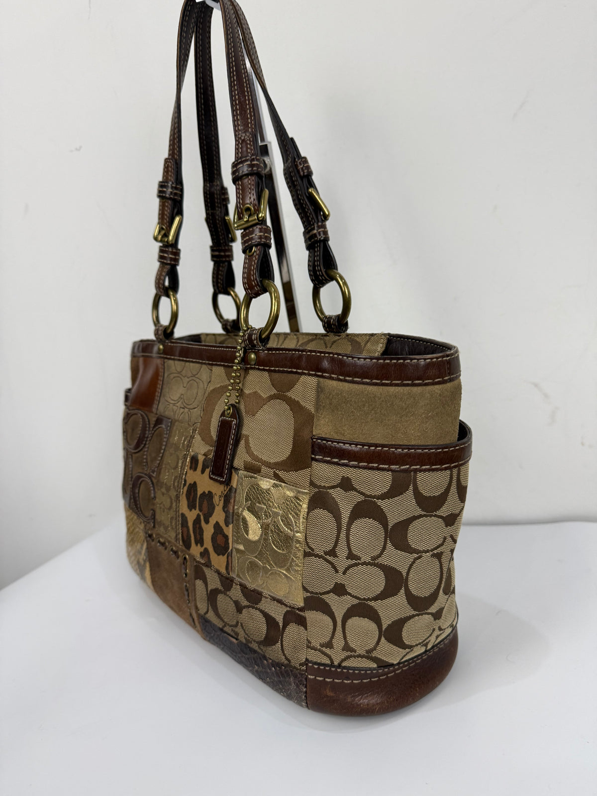 Vintage Coach Patchwork Shoulder Bag Brown Signature Canvas Handbag 00s Y2K