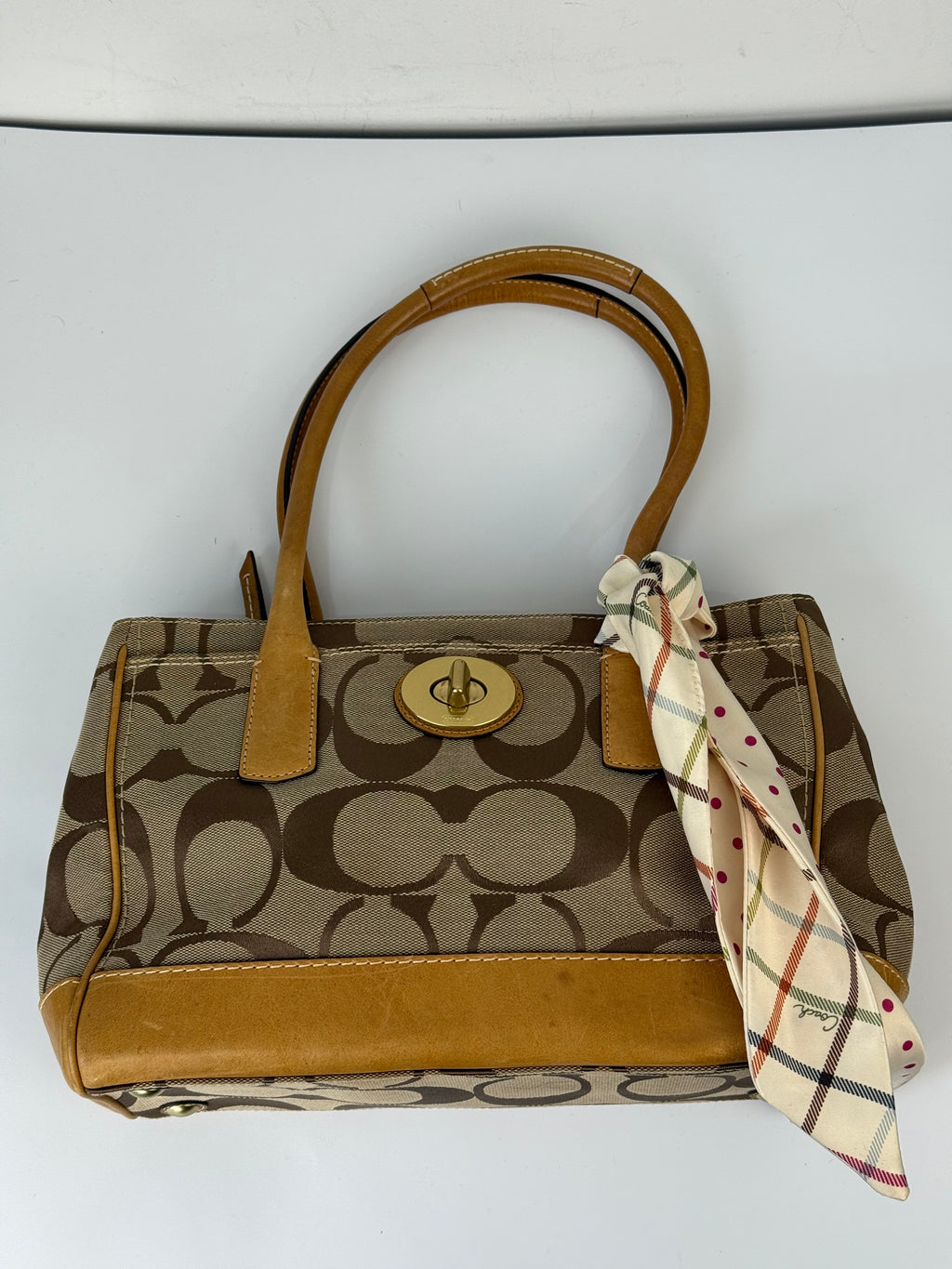Vintage Coach Hampton Tote Bag Brown and Tan Coach Signature Monogram HandBag with Scarf 90s 00s Y2K Shoulder Bag
