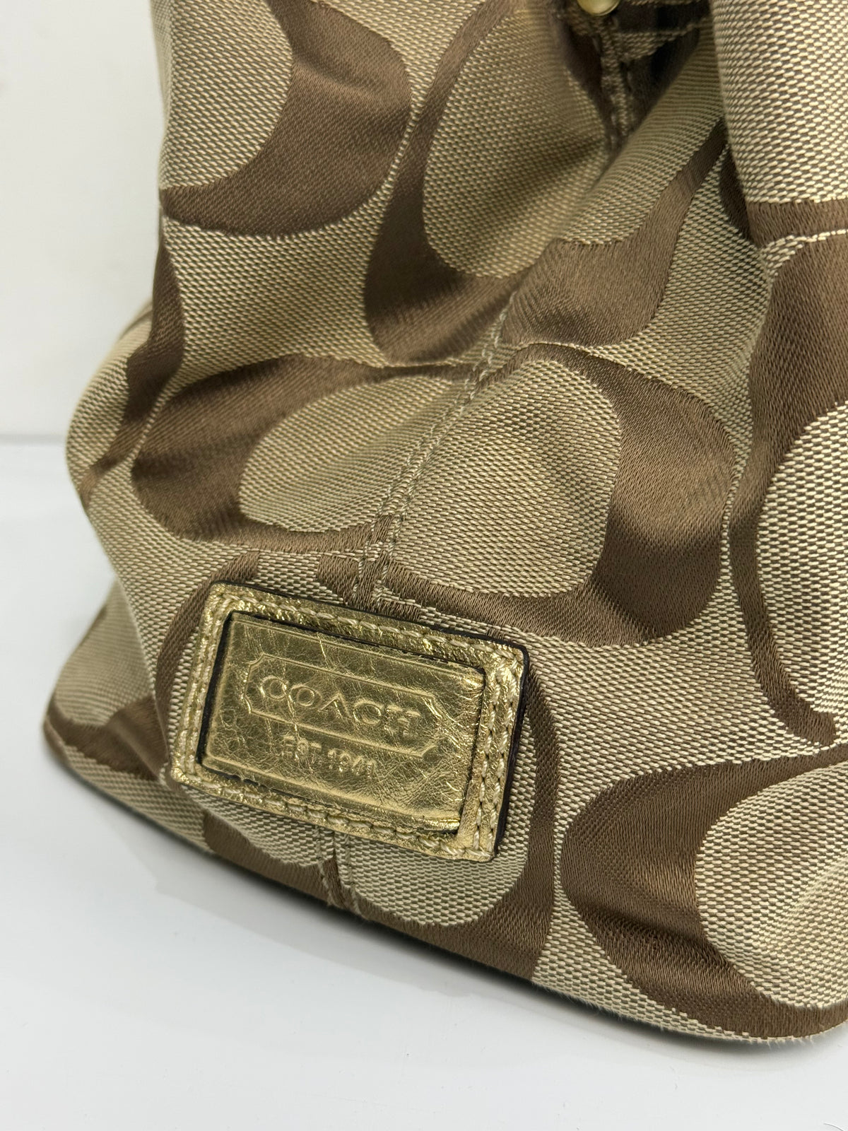 Vintage Coach Signature Gold Stripe Kiss-lock Tote Bag Brown/Beige Coach Canvas HandBag 00s Y2K