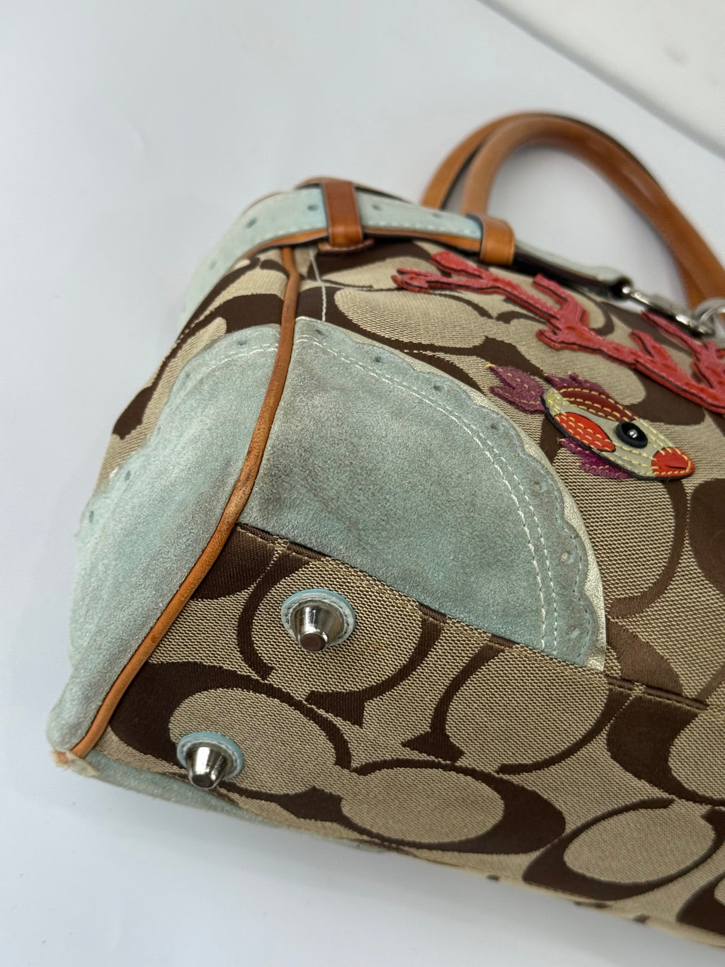Super Rare Vintage Coach Signature Fish & Coral Appliqué Bag Coach Hampton Leather Satchel Handbag 00s Y2K