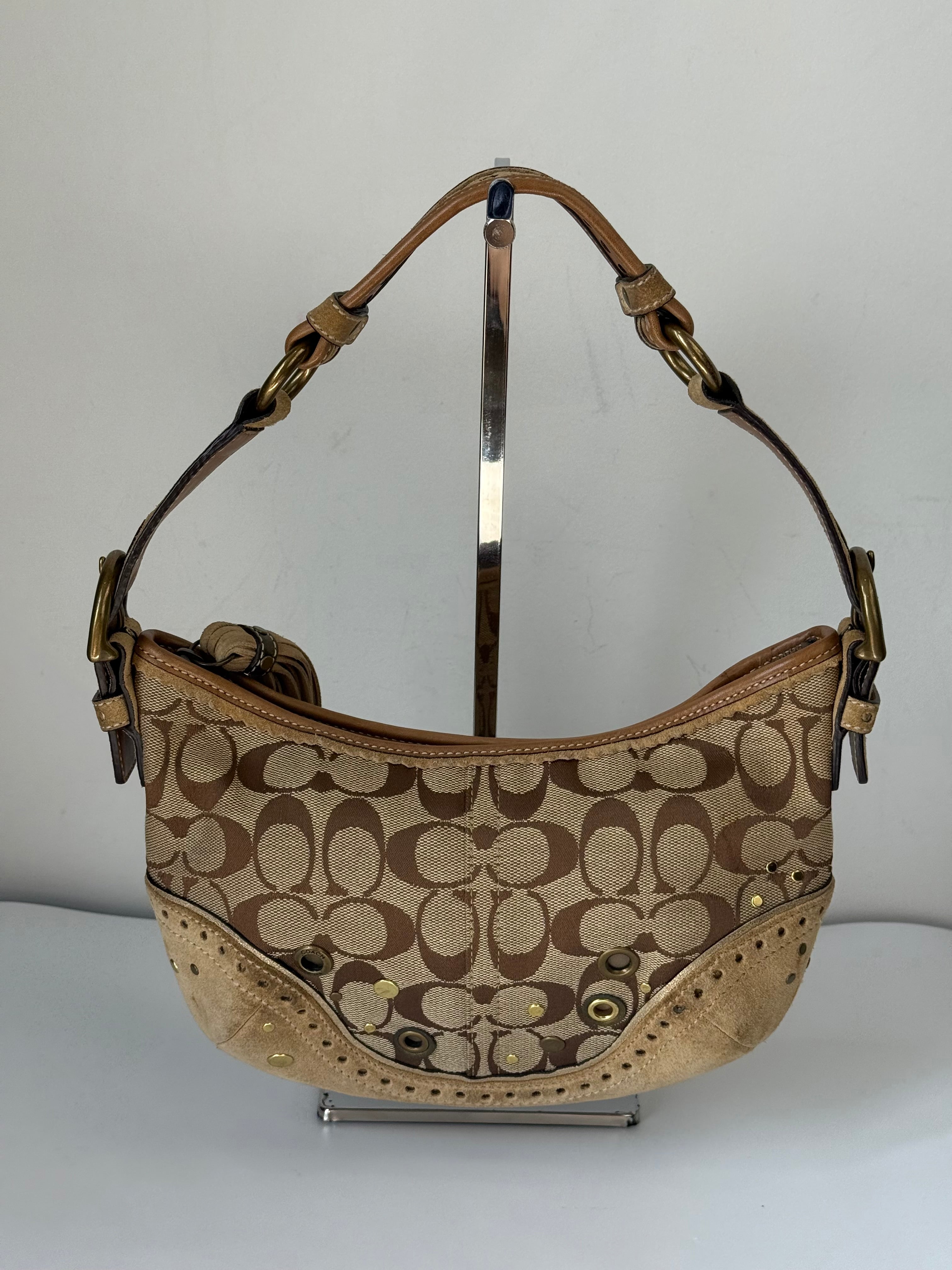 Coach Vintage Signature Sufflette Shoulder Bag Suede Studs Rare Y2K Hobo Bag