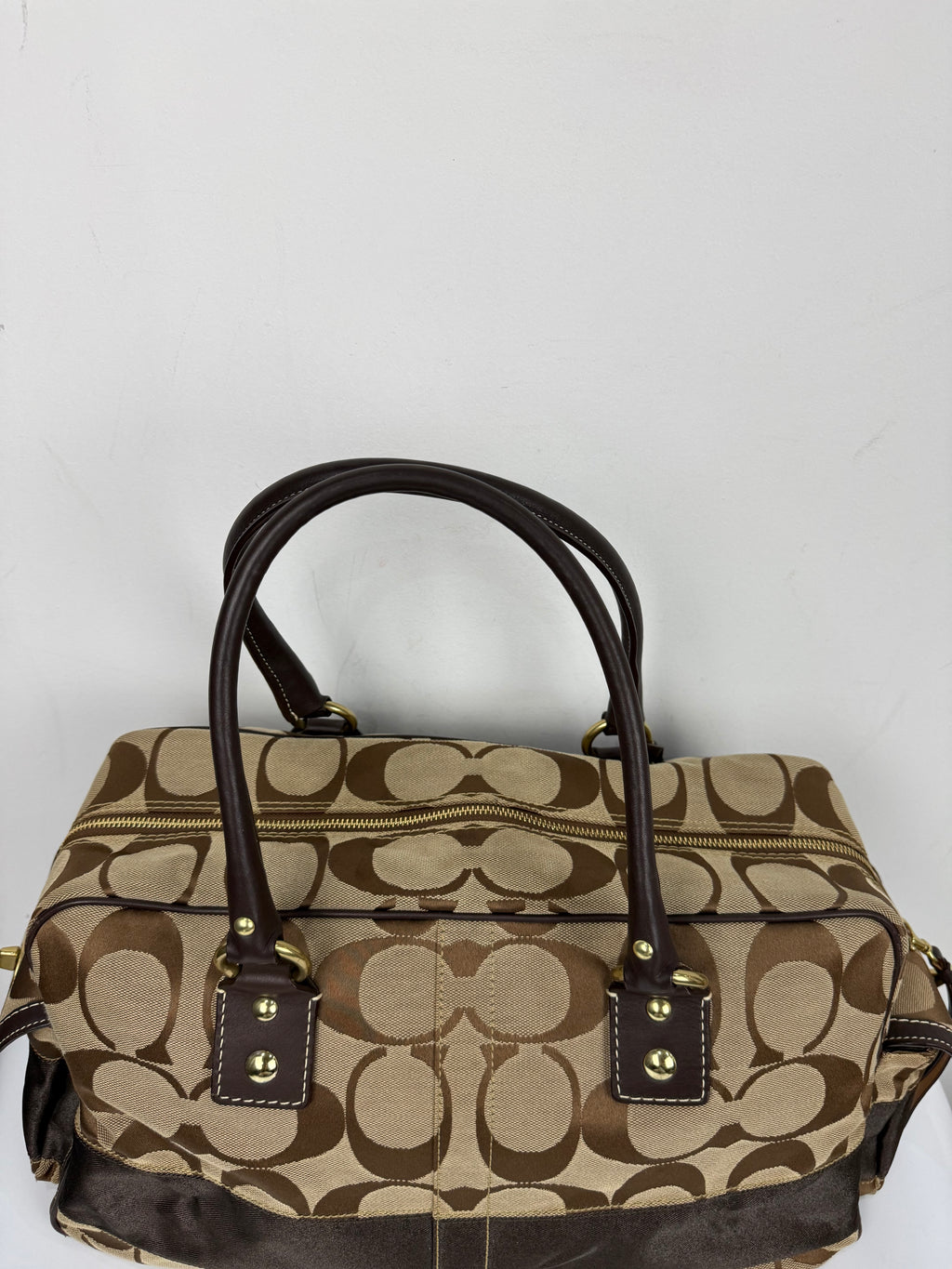 Vintage Coach Boston Travel Carry-On Bag Brown Signature Stripe Duffle Bag 00s Y2K