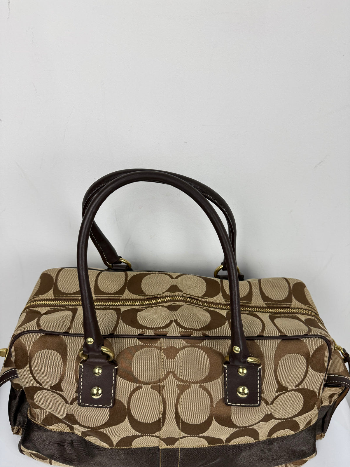 Vintage Coach Boston Travel Carry-On Bag Brown Signature Stripe Duffle Bag 00s Y2K
