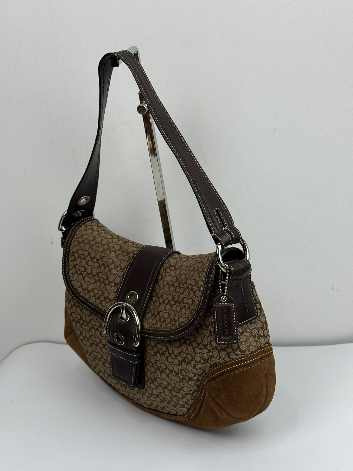 Vintage Coach Soho Shoulder Bag Brown Signature & Suede Canvas Handbag 00s Y2K