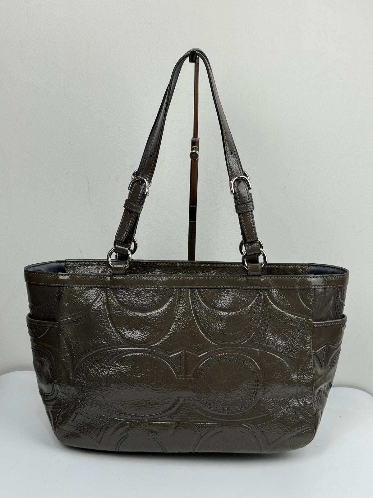 Vintage Coach Grey Patent Leather Bag Signature Gallery Shoulder Bag  00s Y2K