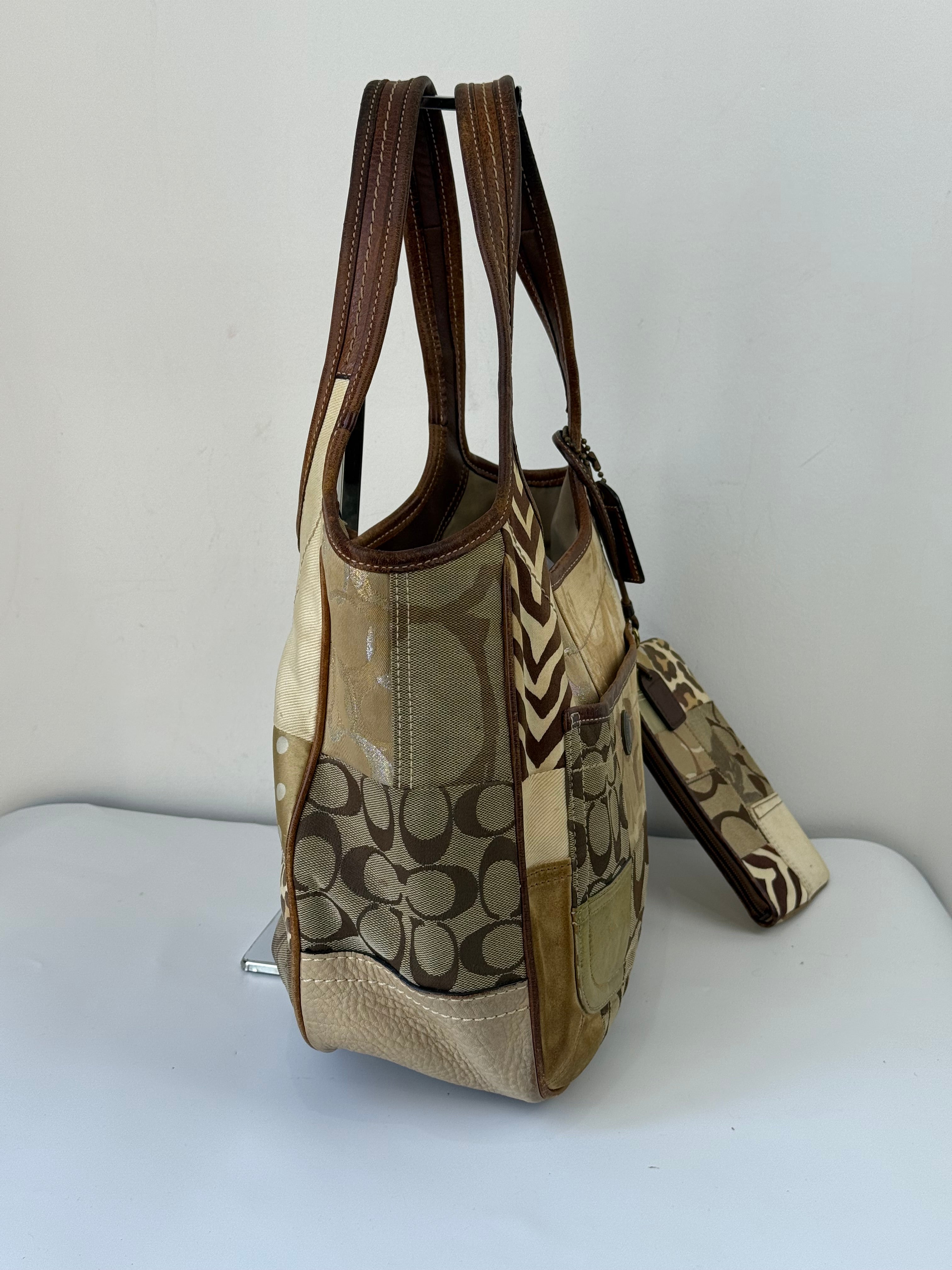 Vintage Coach Ergo Patchwork Tote Bag Bag Brown Signature Canvas Handbag with Coin Purse 00s Y2K