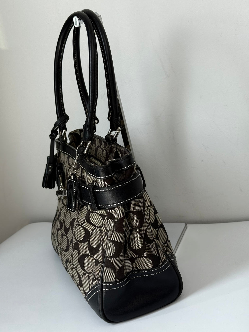 Vintage Coach Hampton Signature Tote Bag Coach Grey & Black Handbag 00s Y2K