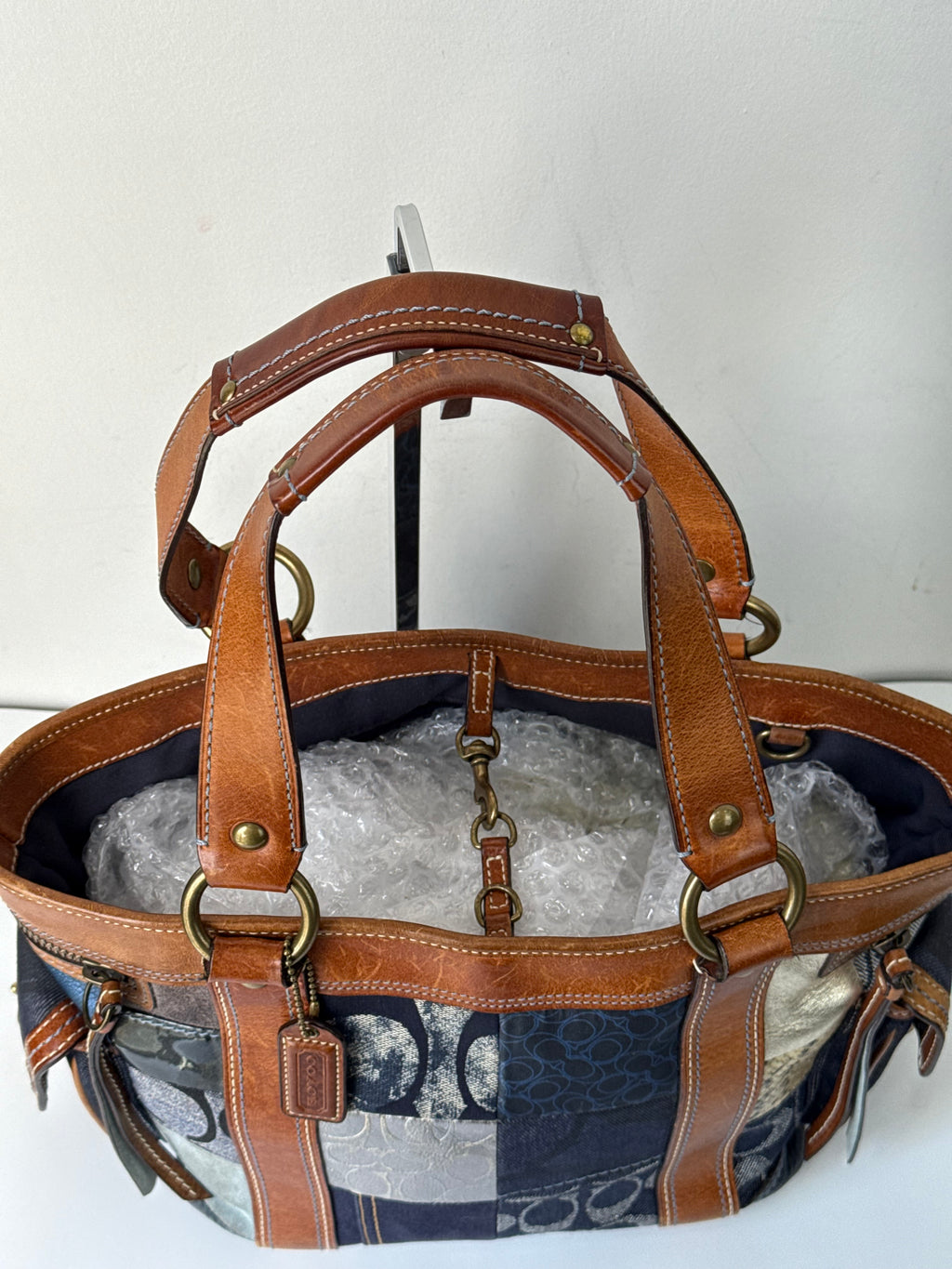 Vintage Coach Blue Denim Patchwork Tote Bag Coach Signature Leather Handbag 00s Y2K