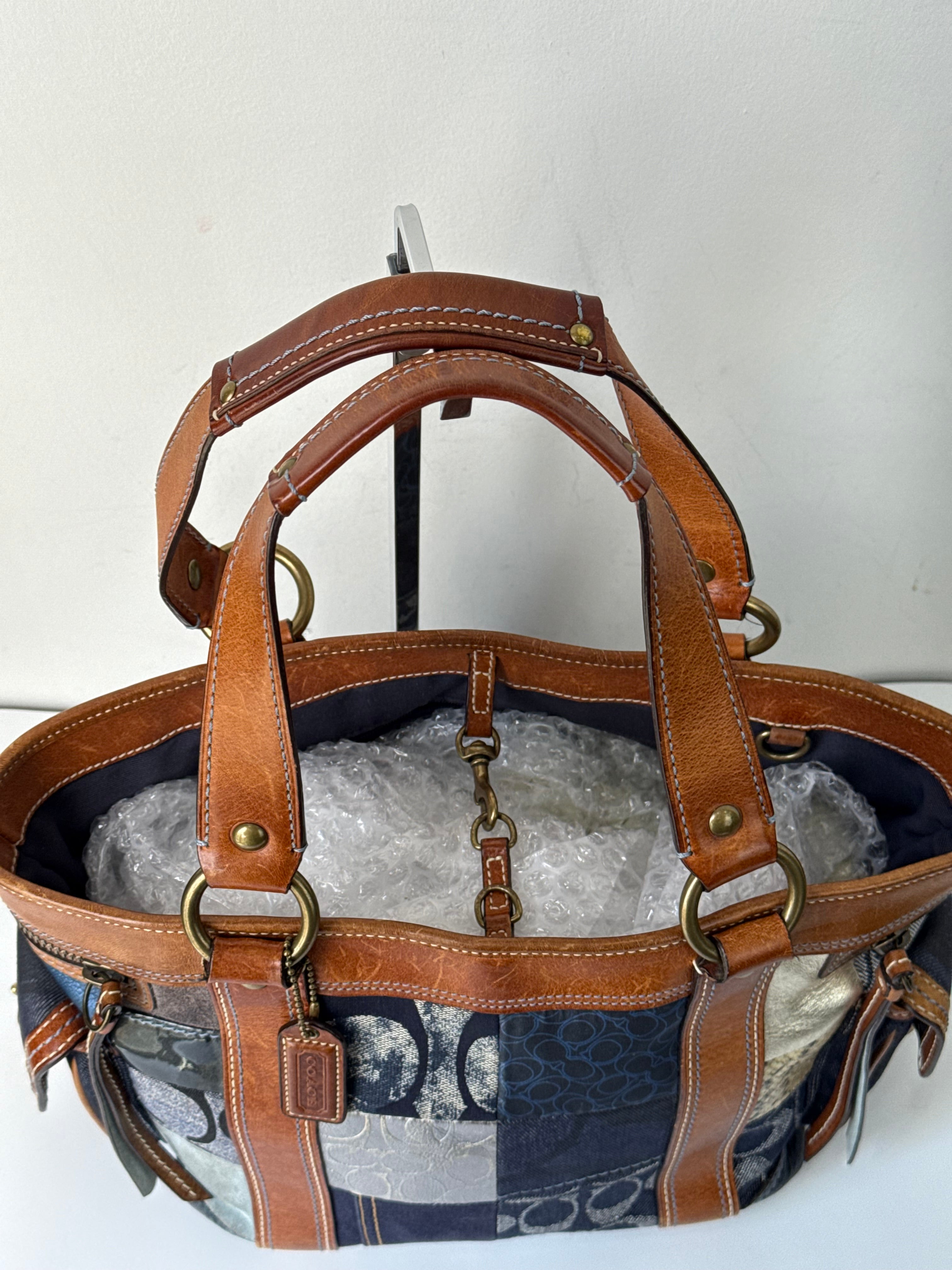 Vintage Coach Blue Denim Patchwork Tote Bag Coach Signature Leather Handbag 00s Y2K
