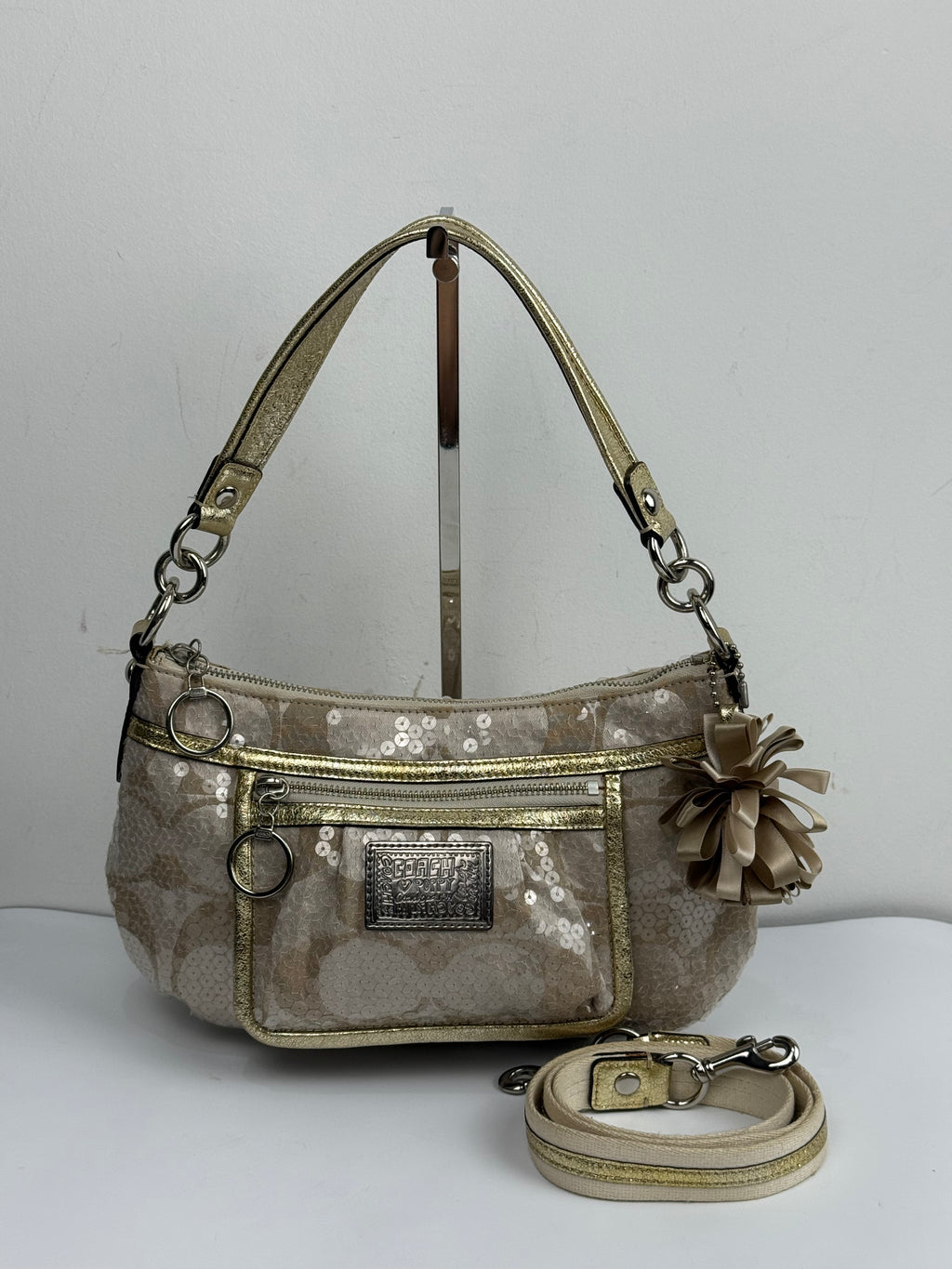 Vintage Coach Sequin Poppy Shoulder Bag Beige/Gold Handbag 00s Y2K