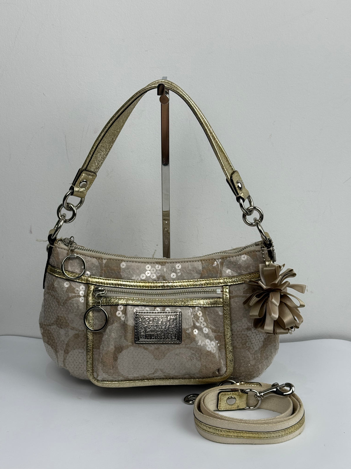 Vintage Coach Sequin Poppy Shoulder Bag Beige/Gold Handbag 00s Y2K