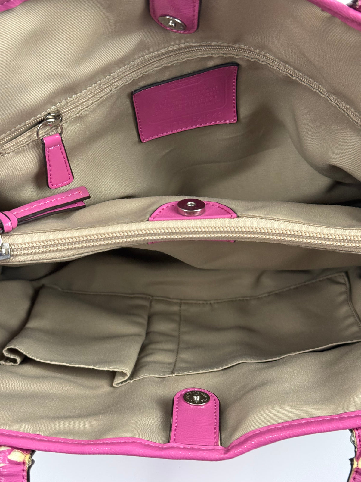 Vintage Coach Signature Stripe Carryall Tote Bag Beige Brown Coach Canvas with Pink Leather HandBag 00s Y2K