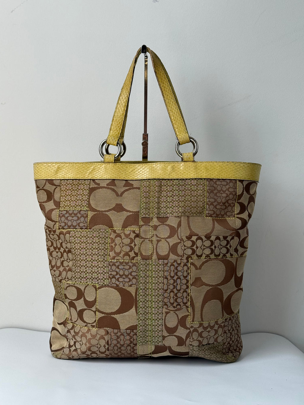 Vintage Coach Patchwork Tote Bag Coach Brown Signature Yellow Leather Handbag 00s Y2K