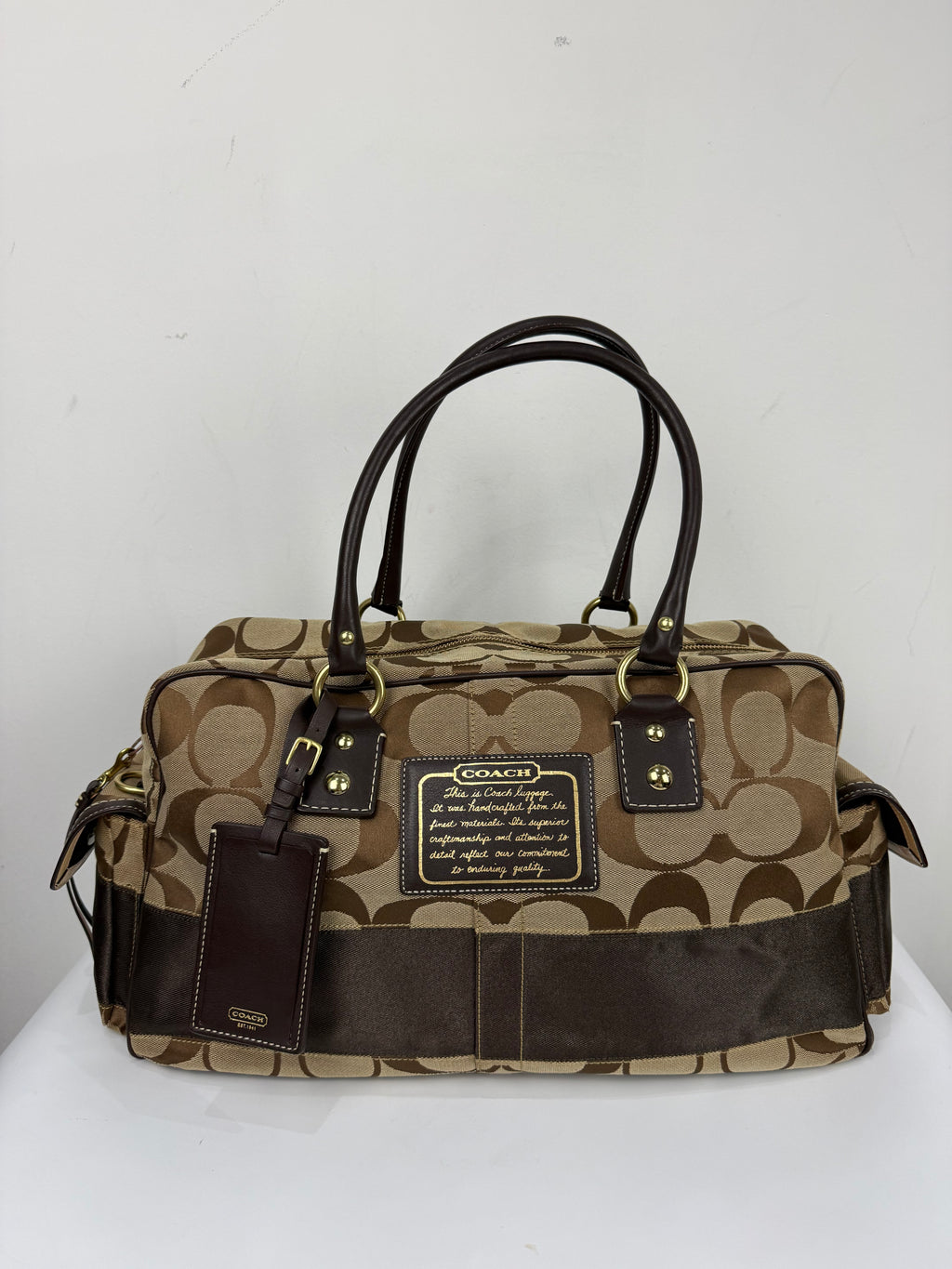 Vintage Coach Boston Travel Carry-On Bag Brown Signature Stripe Duffle Bag 00s Y2K