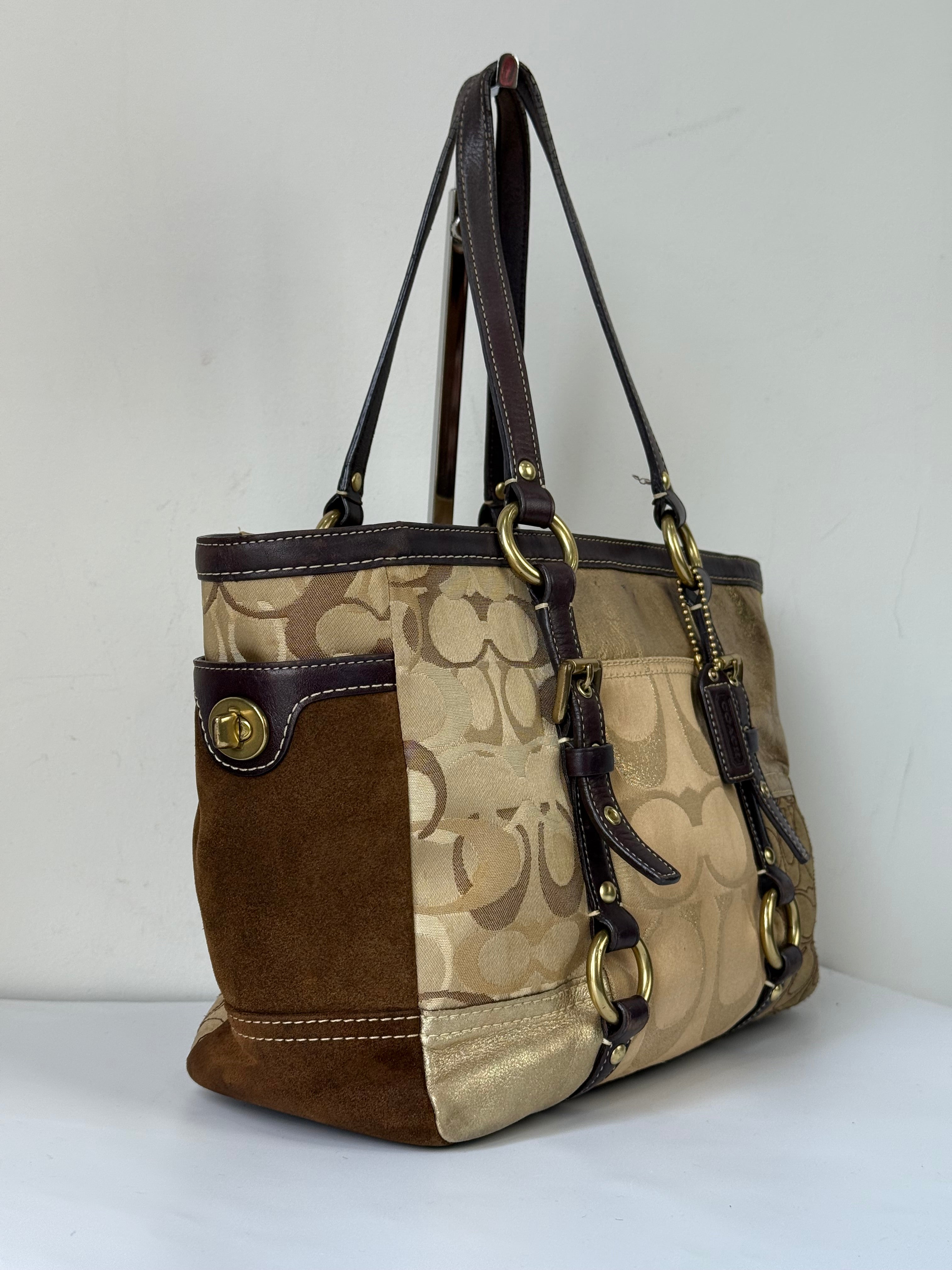 Vintage Coach Gold Multicolour Patchwork Tote Bag Coach Signature Suede Handbag 00s Y2K