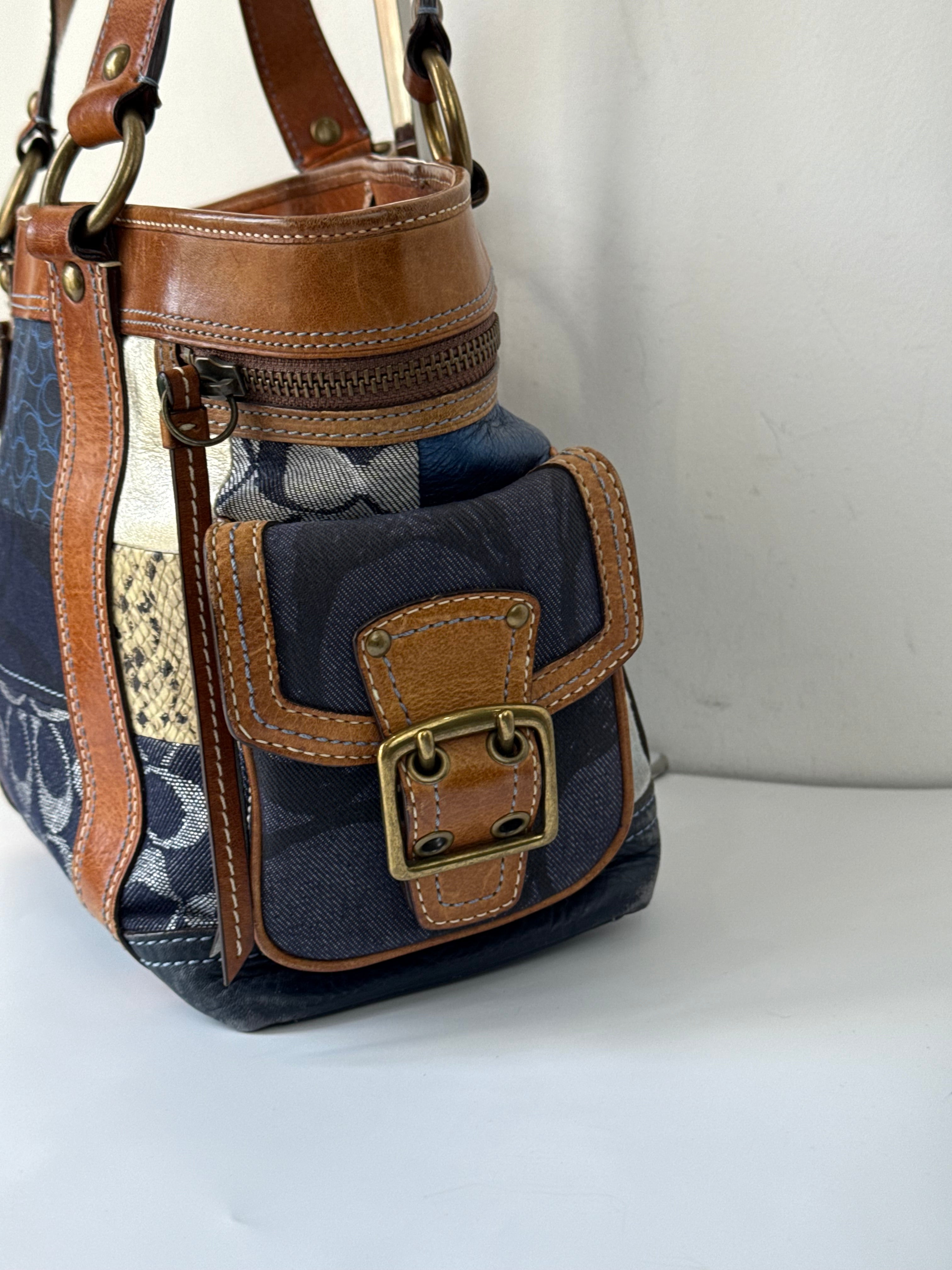 Vintage Coach Blue Denim Patchwork Tote Bag Coach Signature Leather Handbag 00s Y2K