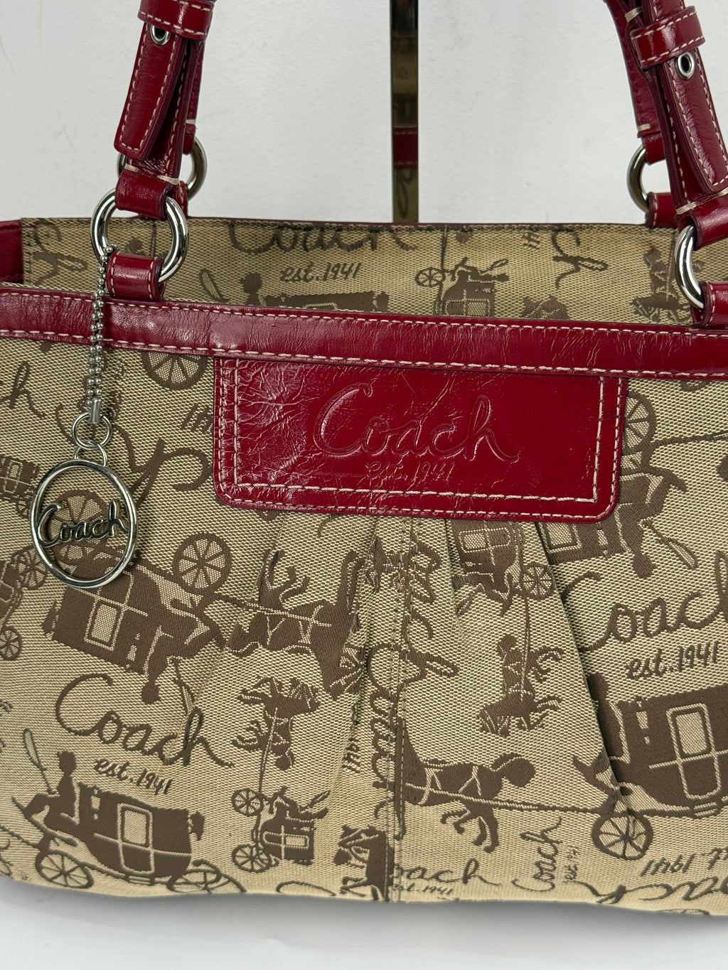 Vintage Coach Horse & Carriage Tote Bag Coach Red Patent Leather Trim Shoulder Bag 00s Y2K