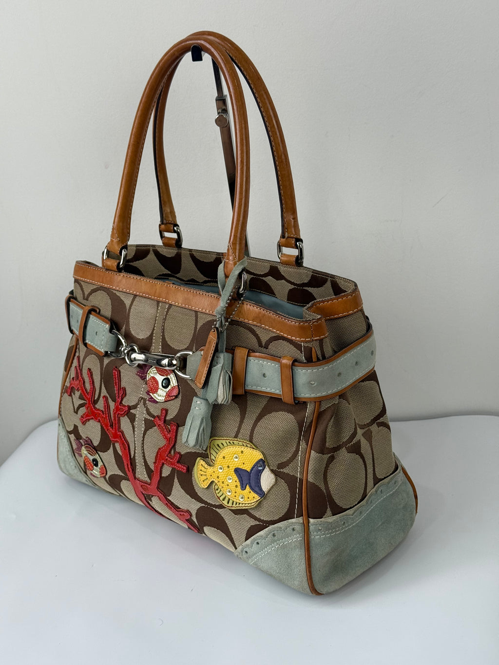 Super Rare Vintage Coach Signature Fish & Coral Appliqué Bag Coach Hampton Leather Satchel Handbag 00s Y2K