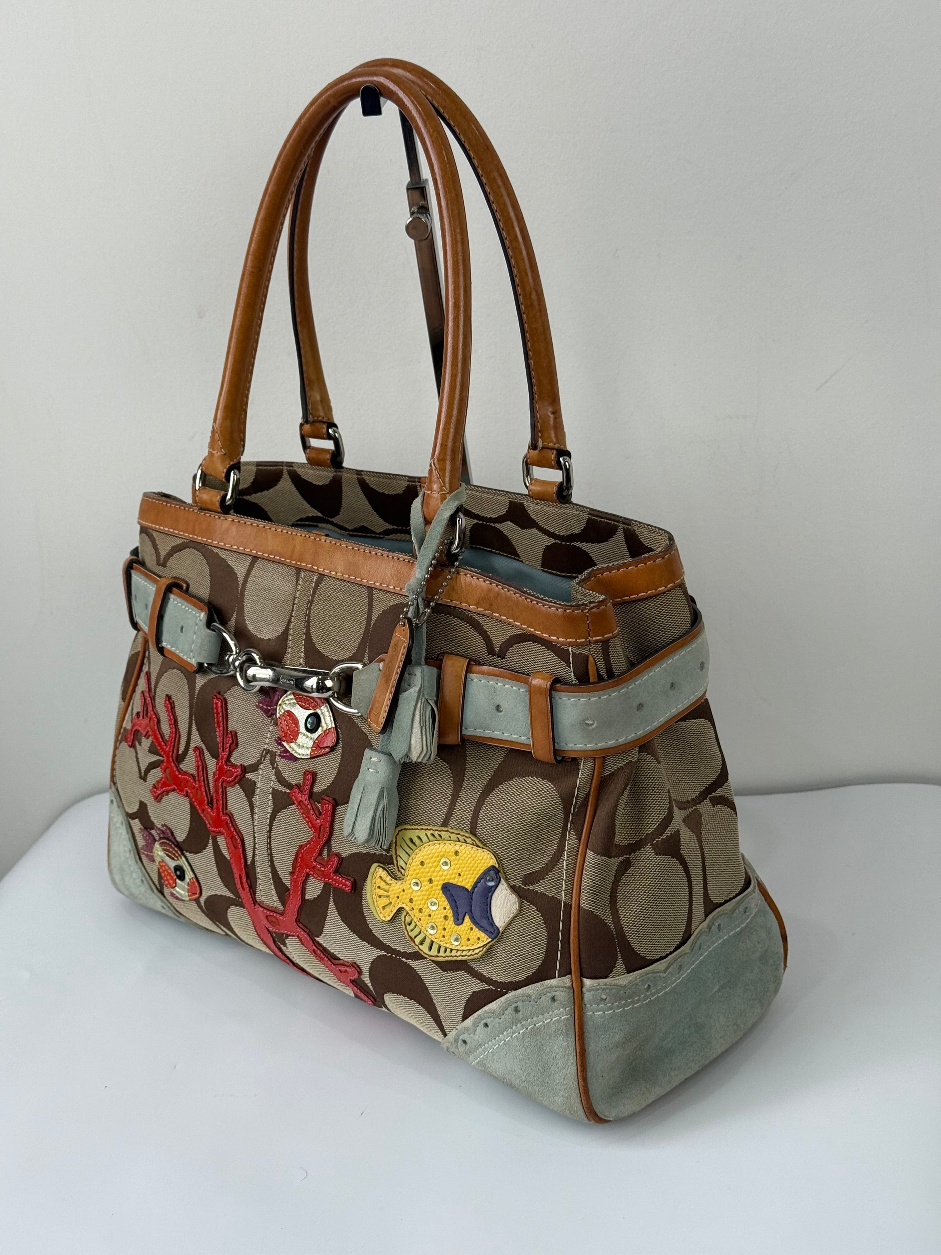 Super Rare Vintage Coach Signature Fish & Coral Appliqué Bag Coach Hampton Leather Satchel Handbag 00s Y2K