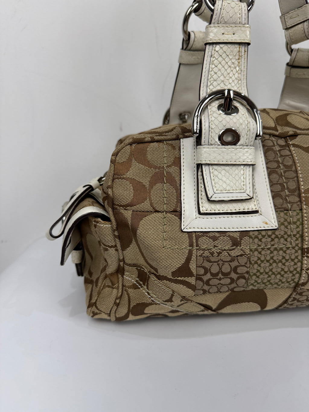 Vintage Coach Brown Patchwork Boston Satchel Soho Mia Signature Shoulder Bag 00s Y2K