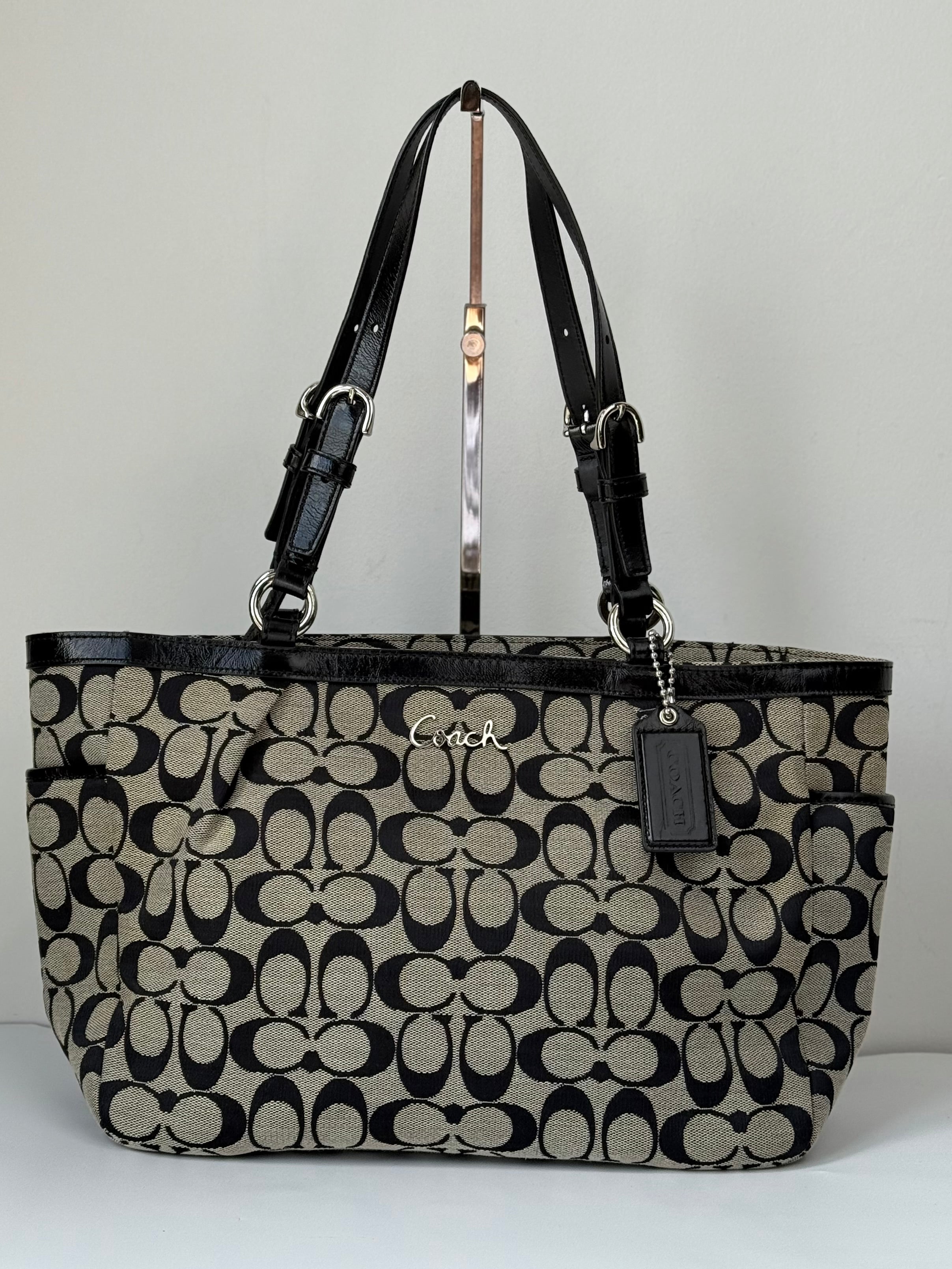 Vintage Coach Gallery Signature Tote Bag Grey & Black Coach Canvas Shoulder Bag 90s 00s Y2K