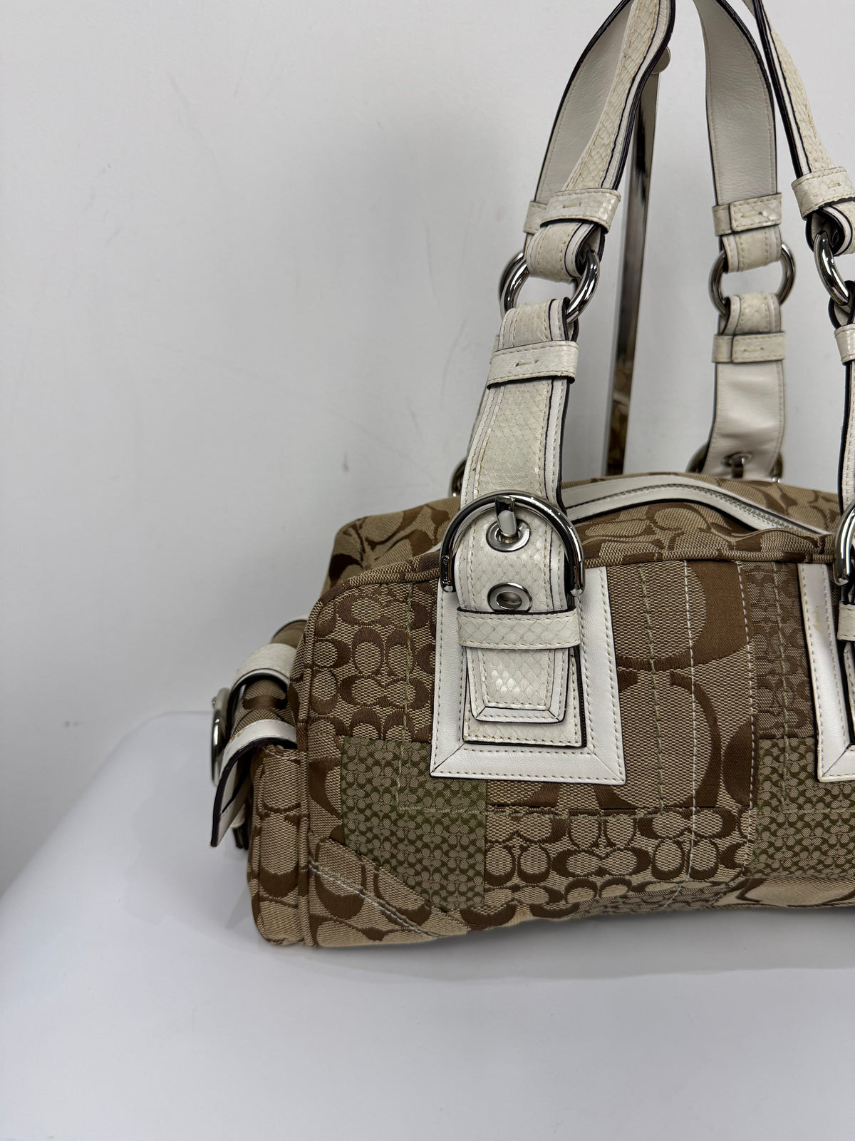 Vintage Coach Brown Patchwork Boston Satchel Soho Mia Signature Shoulder Bag 00s Y2K
