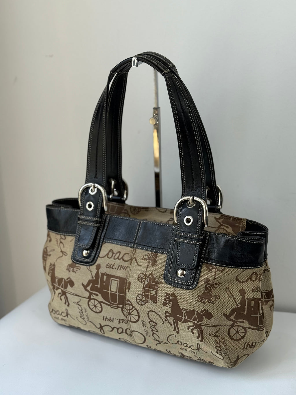 Vintage Coach Soho Tote Bag Beige Horse & Carriage Design Handbag 00s Y2K