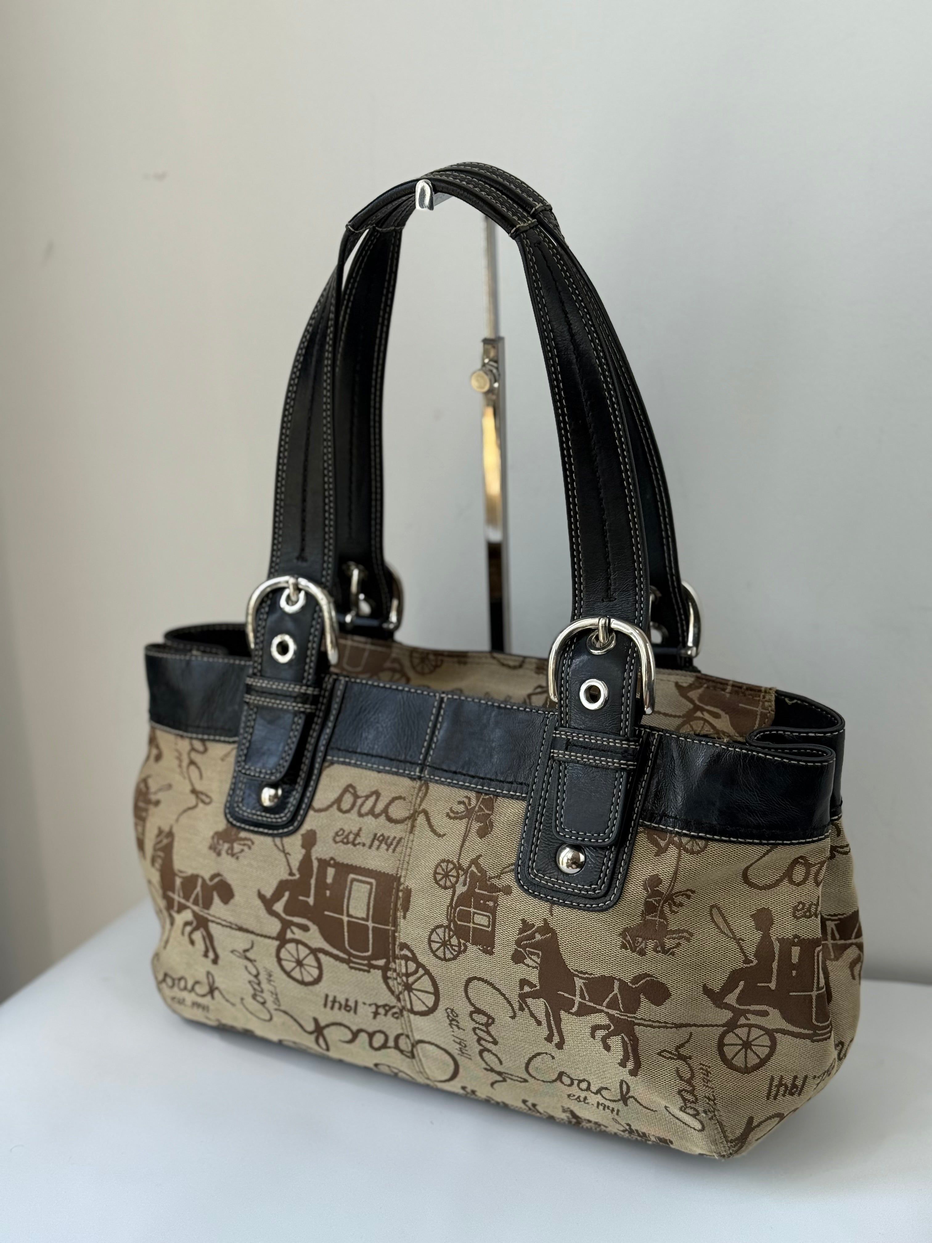 Vintage Coach Soho Tote Bag Beige Horse & Carriage Design Handbag 00s Y2K