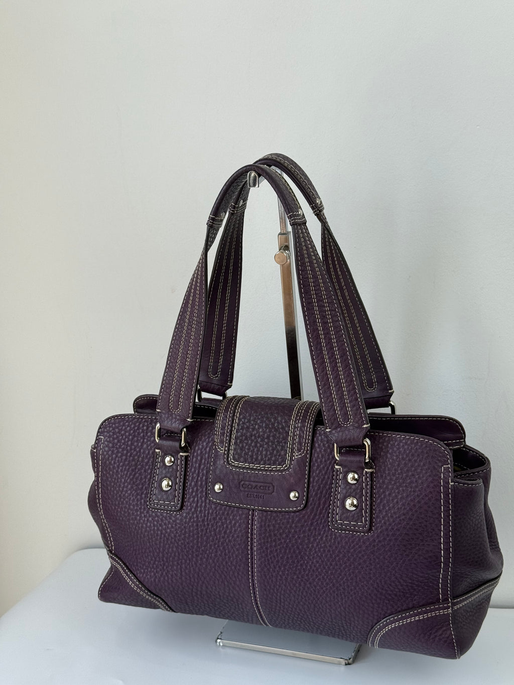 Vintage Coach Hampton Satchel Bag Purple Pebble Leather Shoulder Bag 00s Y2K