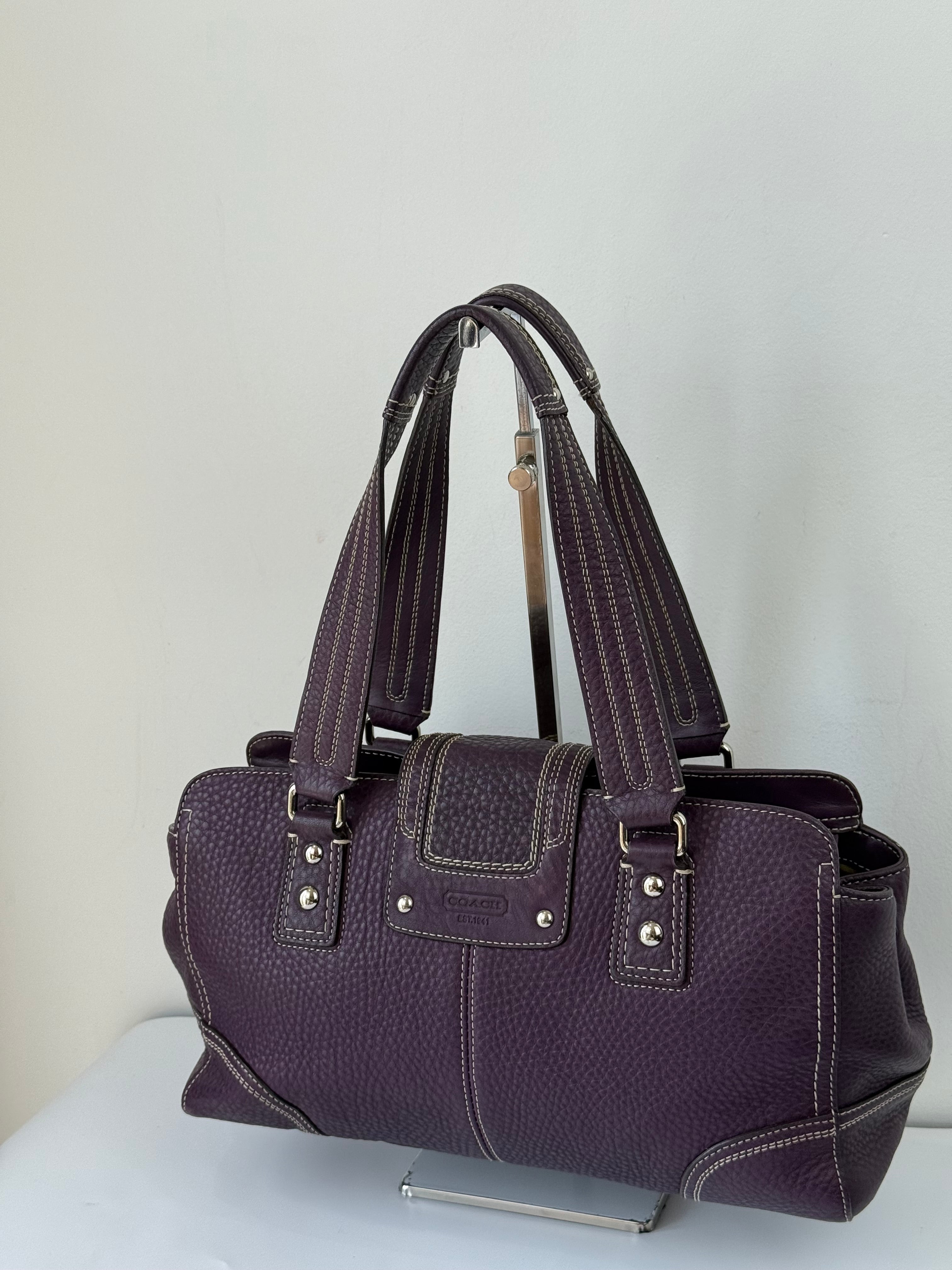 Vintage Coach Hampton Satchel Bag Purple Pebble Leather Shoulder Bag 00s Y2K