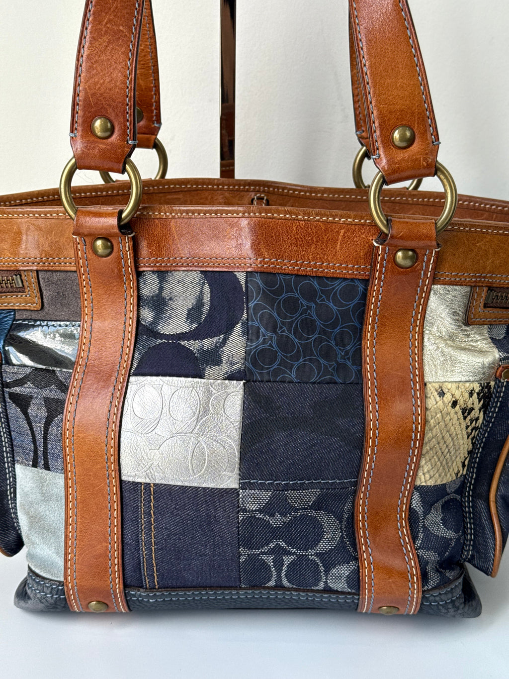 Vintage Coach Blue Denim Patchwork Tote Bag Coach Signature Leather Handbag 00s Y2K