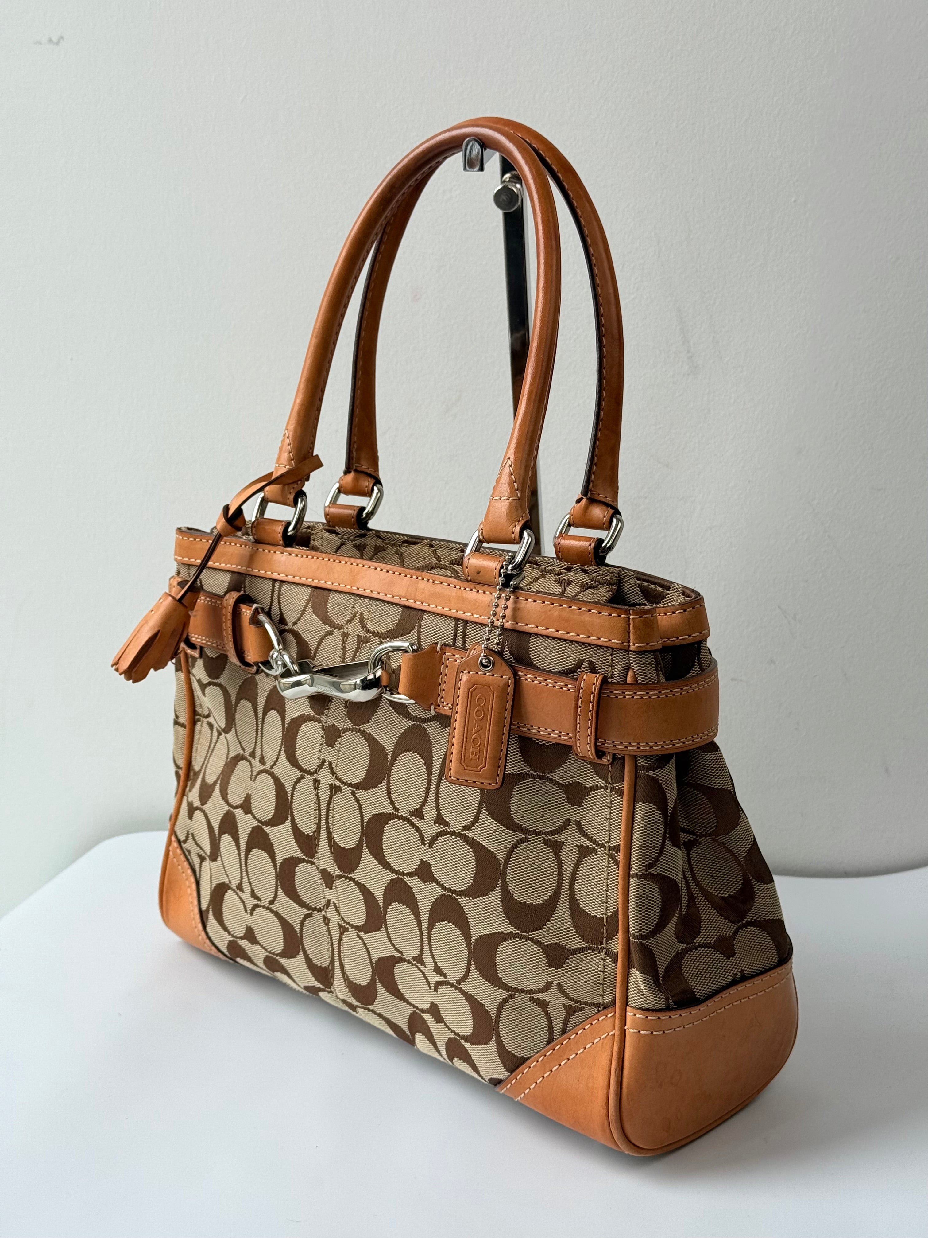 Vintage Coach Hampton Tote Bag Brown & Tan Coach Signature Monogram HandBag 00s Y2K
