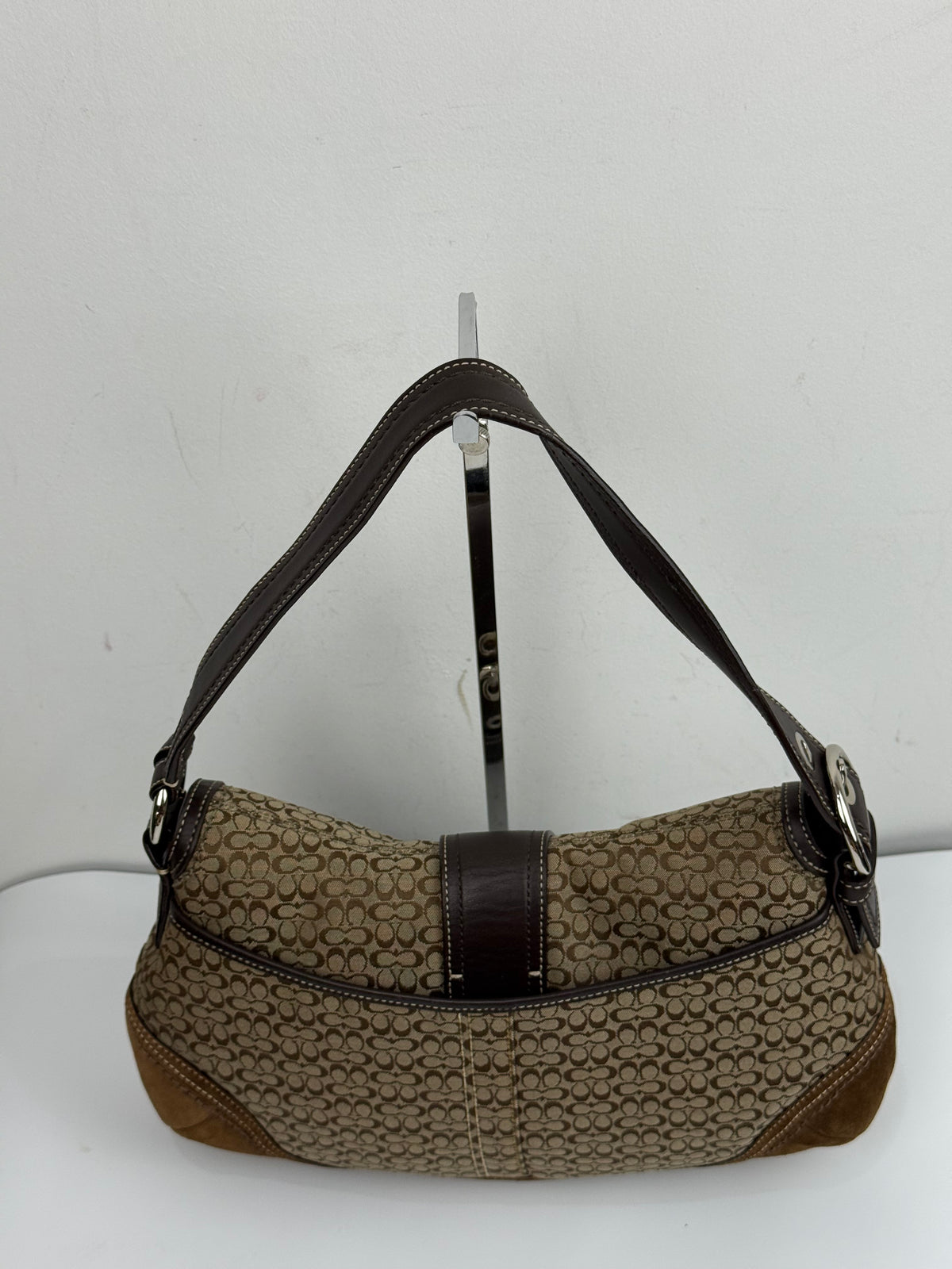 Vintage Coach Soho Shoulder Bag Brown Signature & Suede Canvas Handbag 00s Y2K