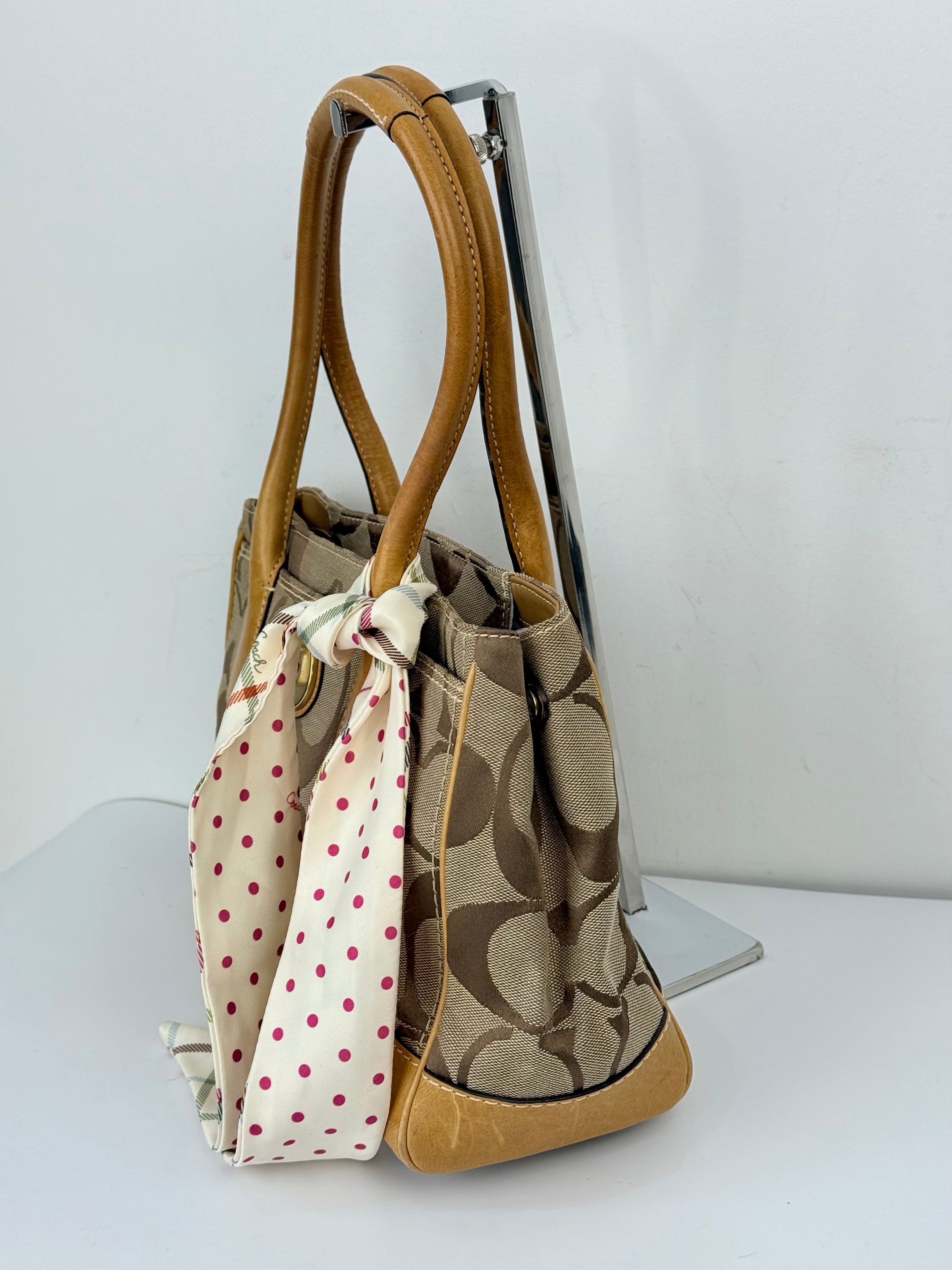 Vintage Coach Hampton Tote Bag Brown and Tan Coach Signature Monogram HandBag with Scarf 90s 00s Y2K Shoulder Bag