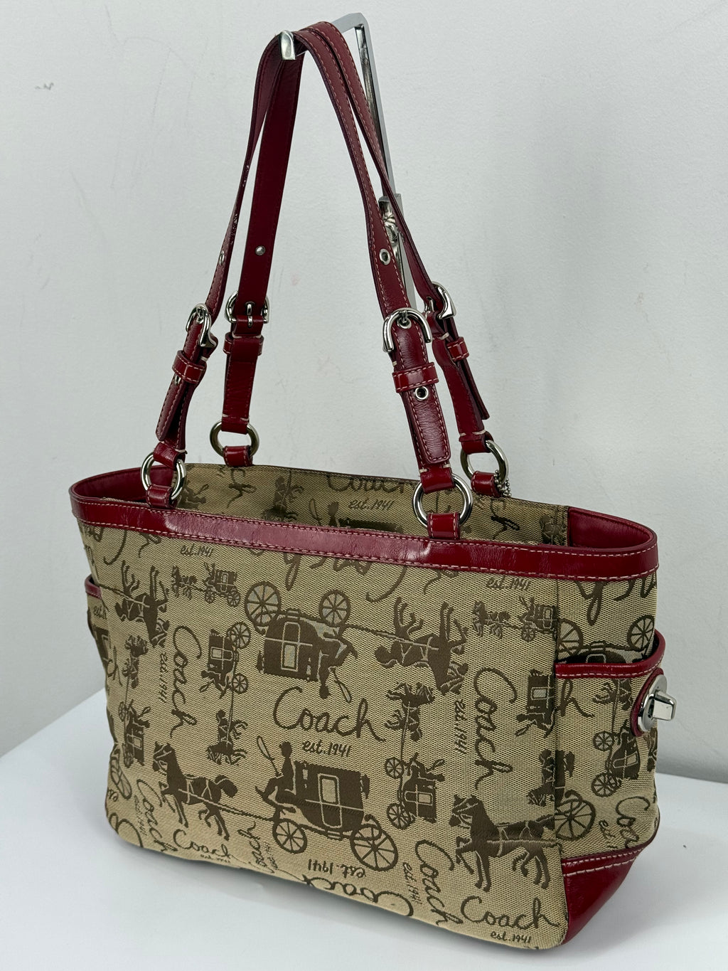 Vintage Coach Horse & Carriage Tote Bag Coach Red Patent Leather Trim Shoulder Bag 00s Y2K