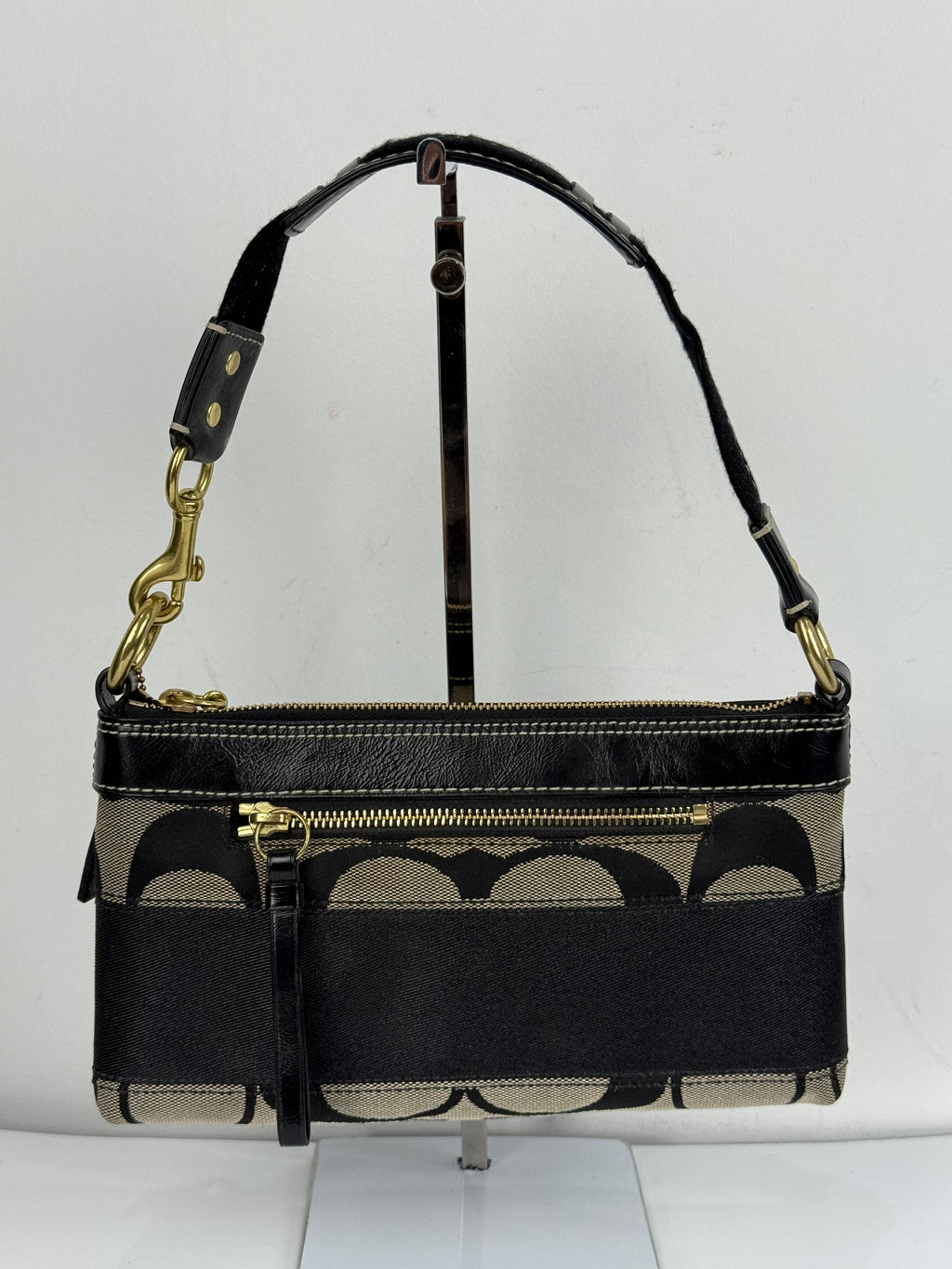 Vintage Coach Signature Stripe Shoulder Bag Coach Black/Grey Y2K HandBag