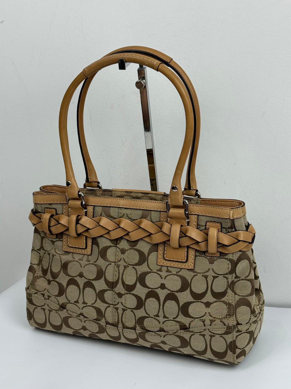 Vintage Coach Hampton Brown/Beige Signature Canvas HandBag Braided Leather 00s Y2K