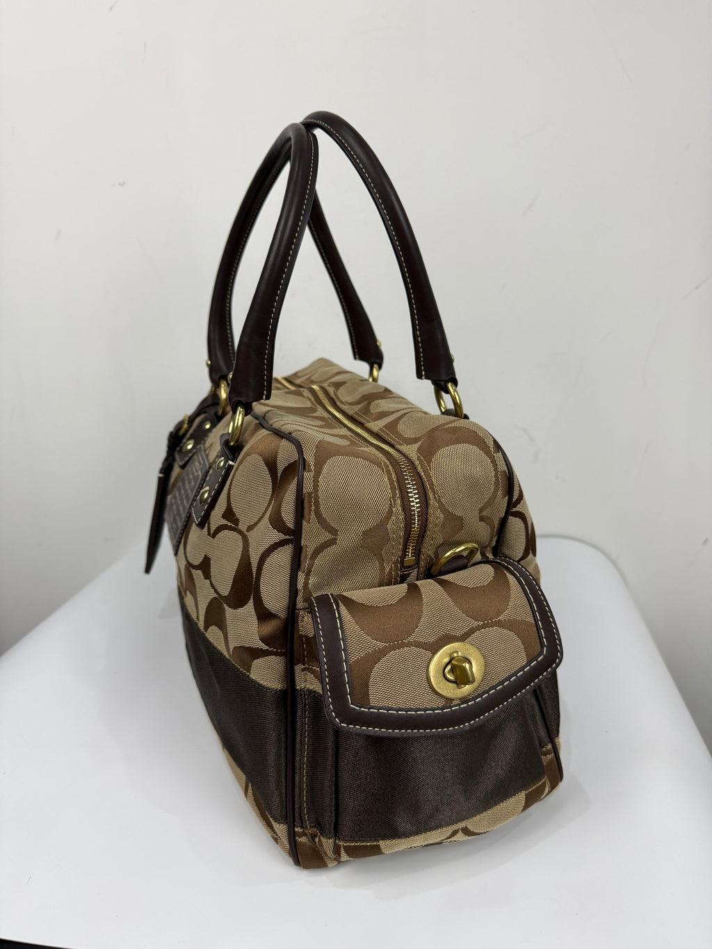 Vintage Coach Boston Travel Carry-On Bag Brown Signature Stripe Duffle Bag 00s Y2K
