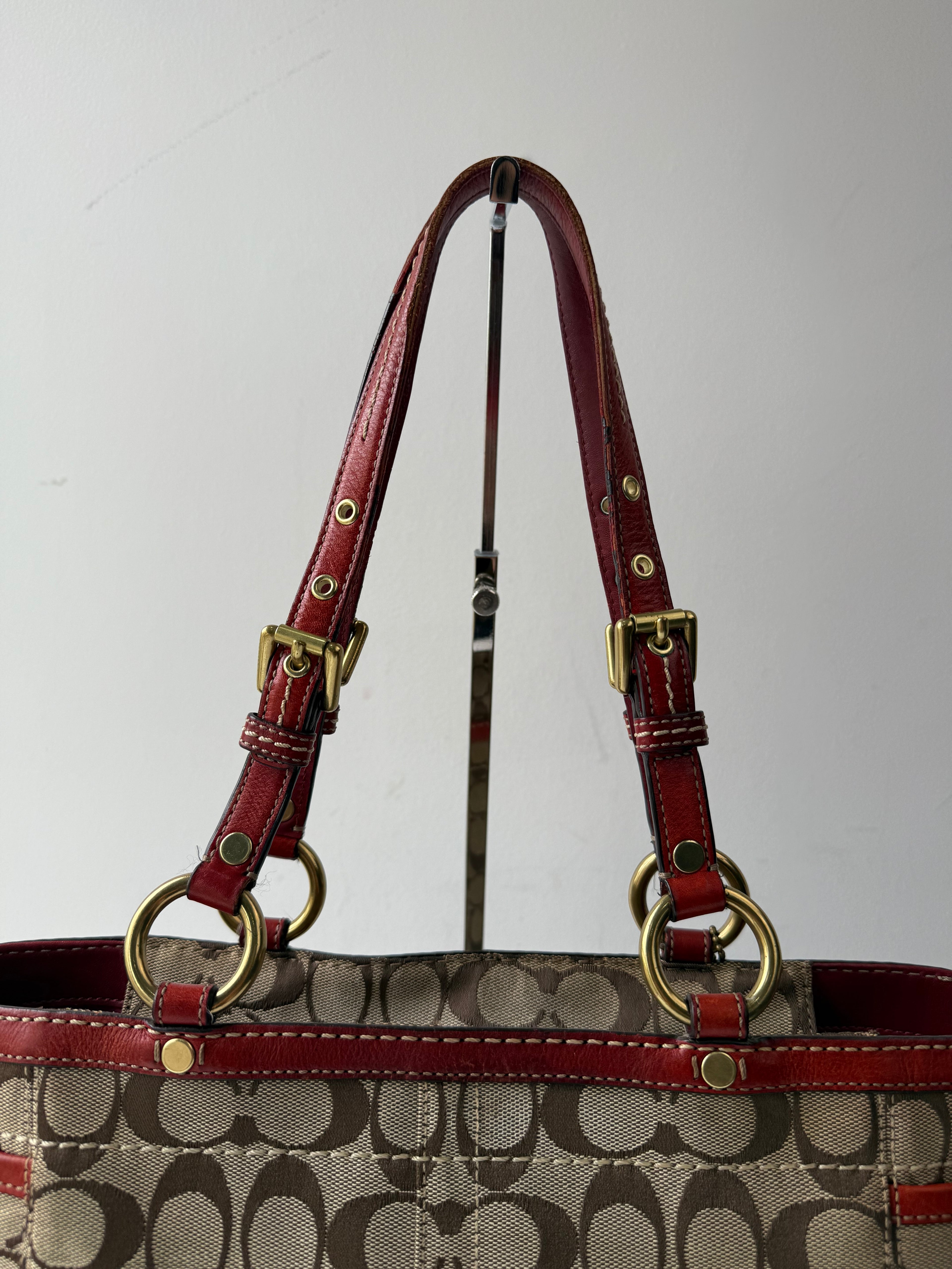 Vintage Coach Gallery Tote Bag Beige Brown Signature Red Leather Shoulder Bag
