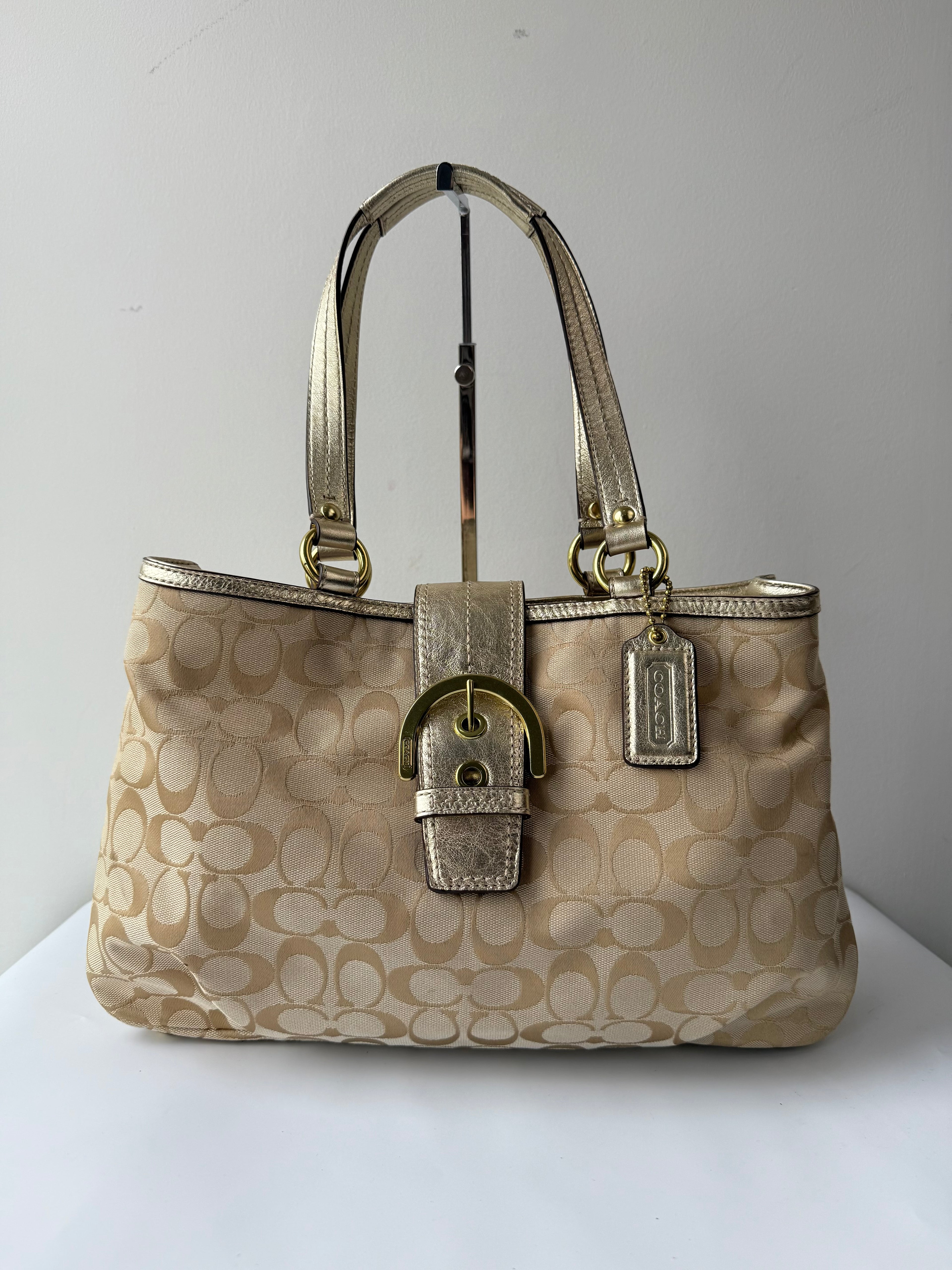 Vintage Coach Soho Signature Tote Bag Cream & Gold Canvas Shoulder Bag 00s Y2K